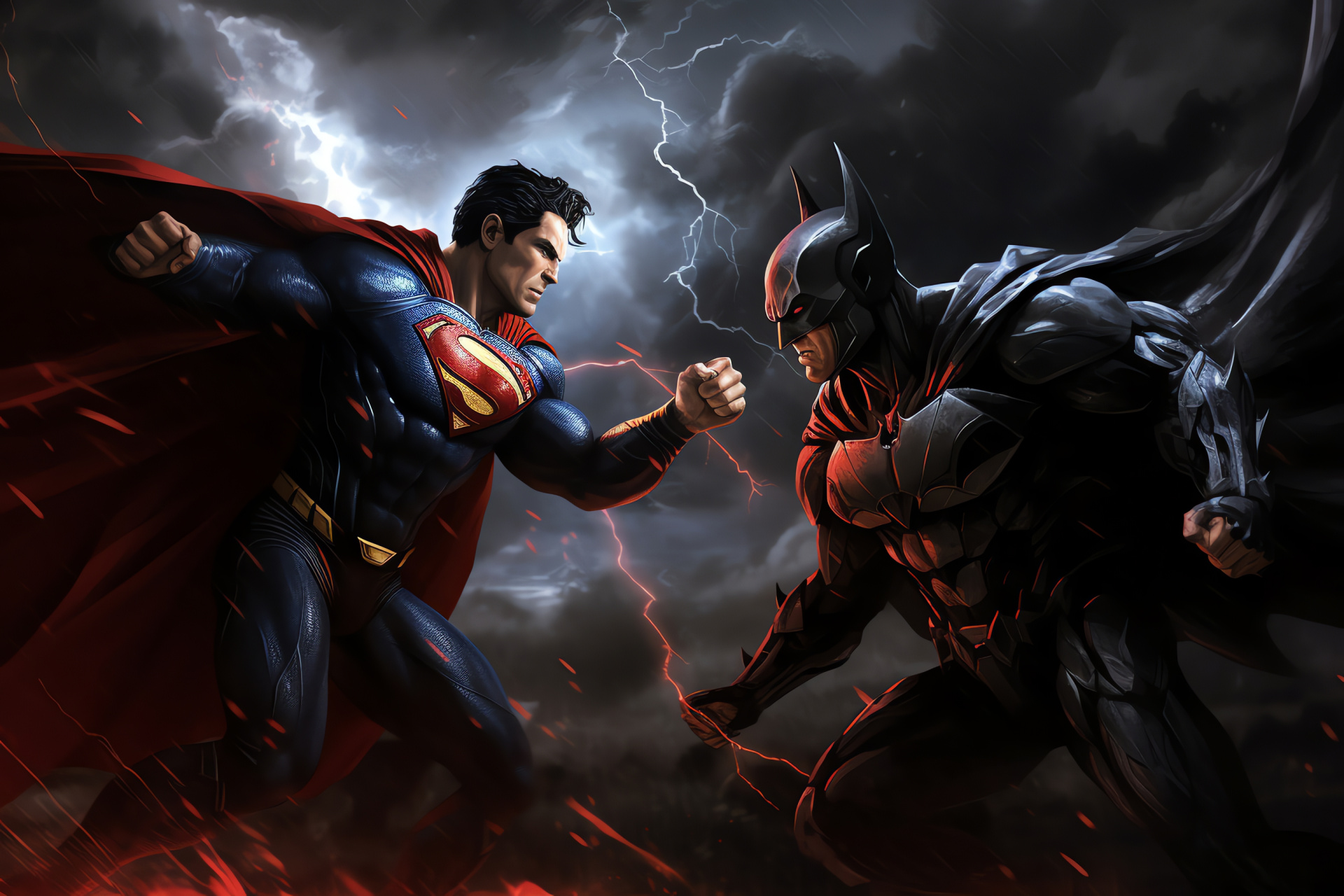 Comic superheroes Superman, Gotham's vigilante Batman, Intense battle portrayal, Superpowers in action, Exciting clash, HD Desktop Image