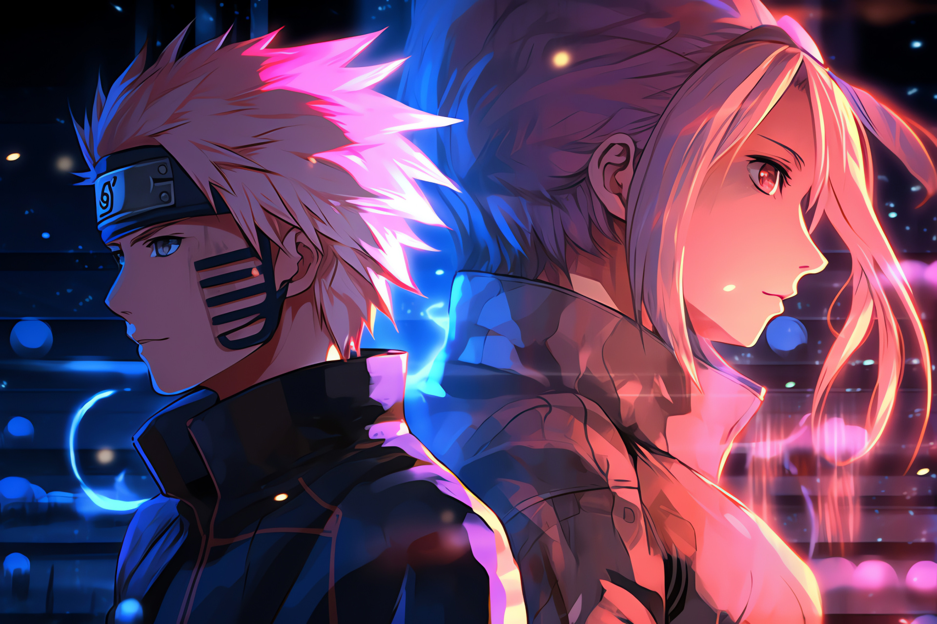 Focused duo Naruto Sakura, Glowing artistry, Anime protagonist, Ninja partnership, Sakura flower symbol, HD Desktop Wallpaper