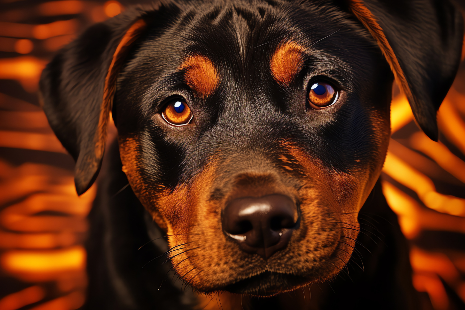 Young Rottweiler, puppy close-up, canine expressive look, ambient glowing effect, tender animal eyes, HD Desktop Image