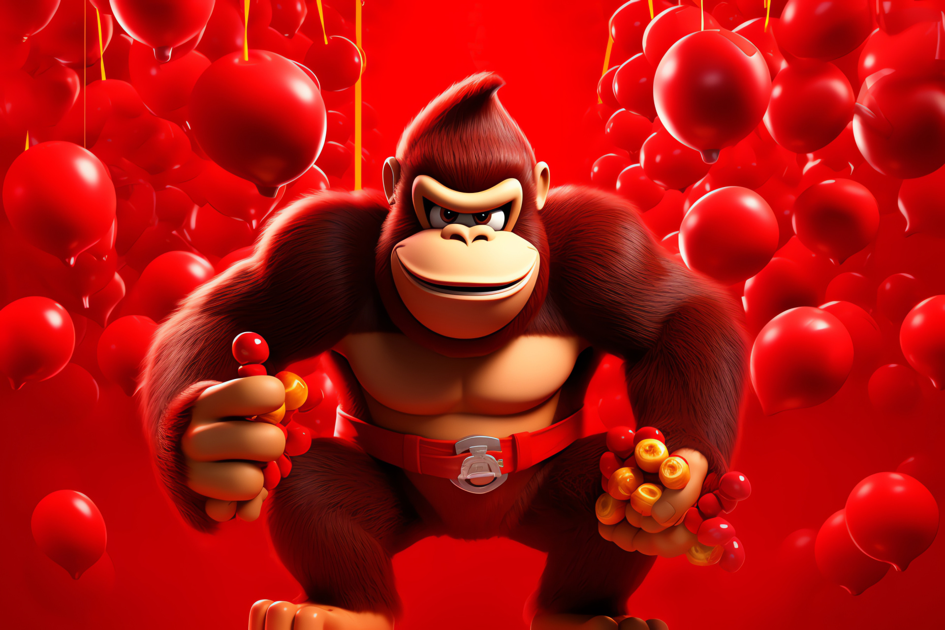 Donkey Kong features, Nintendo jungle setting, Primate strength, Curious gaze, Fruit treasure, HD Desktop Wallpaper