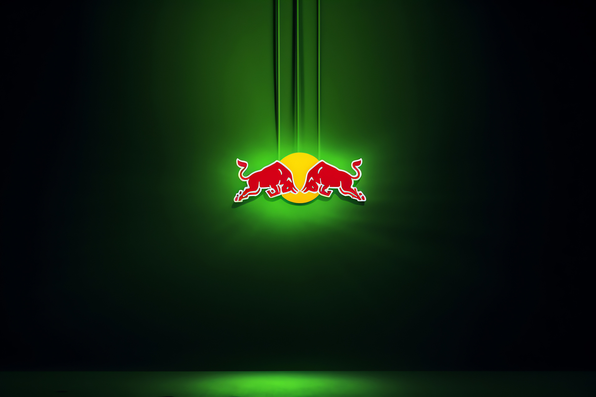 Red Bull symbol, Bull in motion, Aggressive posture, Electric green branding, Caffeinated drink, HD Desktop Image
