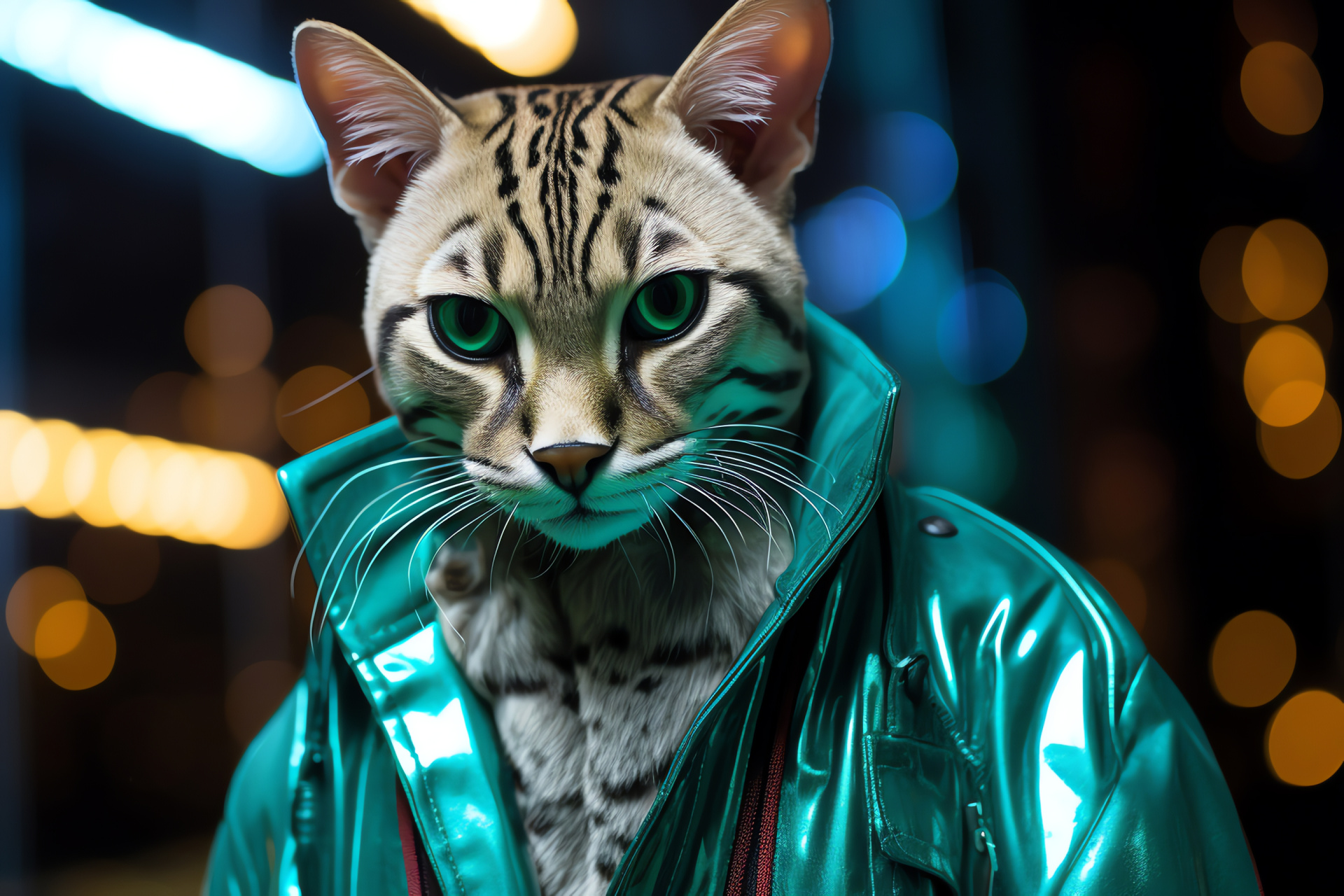 Ocelot, emerald-eyed, silver-blue fur, neon urban contrast, night predator, HD Desktop Image