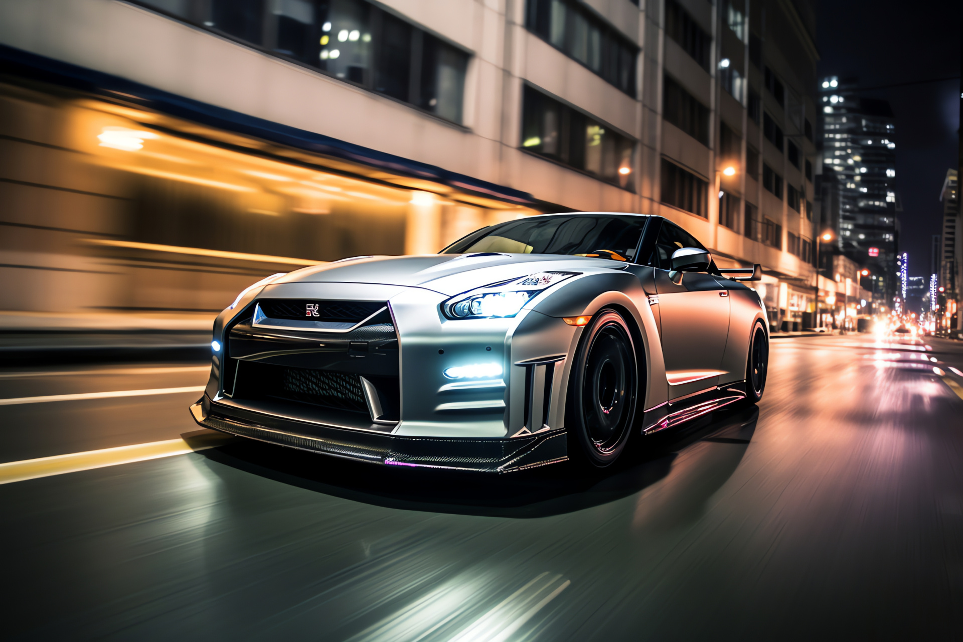 Nissan GTR HD, Tokyo urban nights, Silver sports car gleam, Low angle road presence, High-speed vehicle appeal, HD Desktop Image