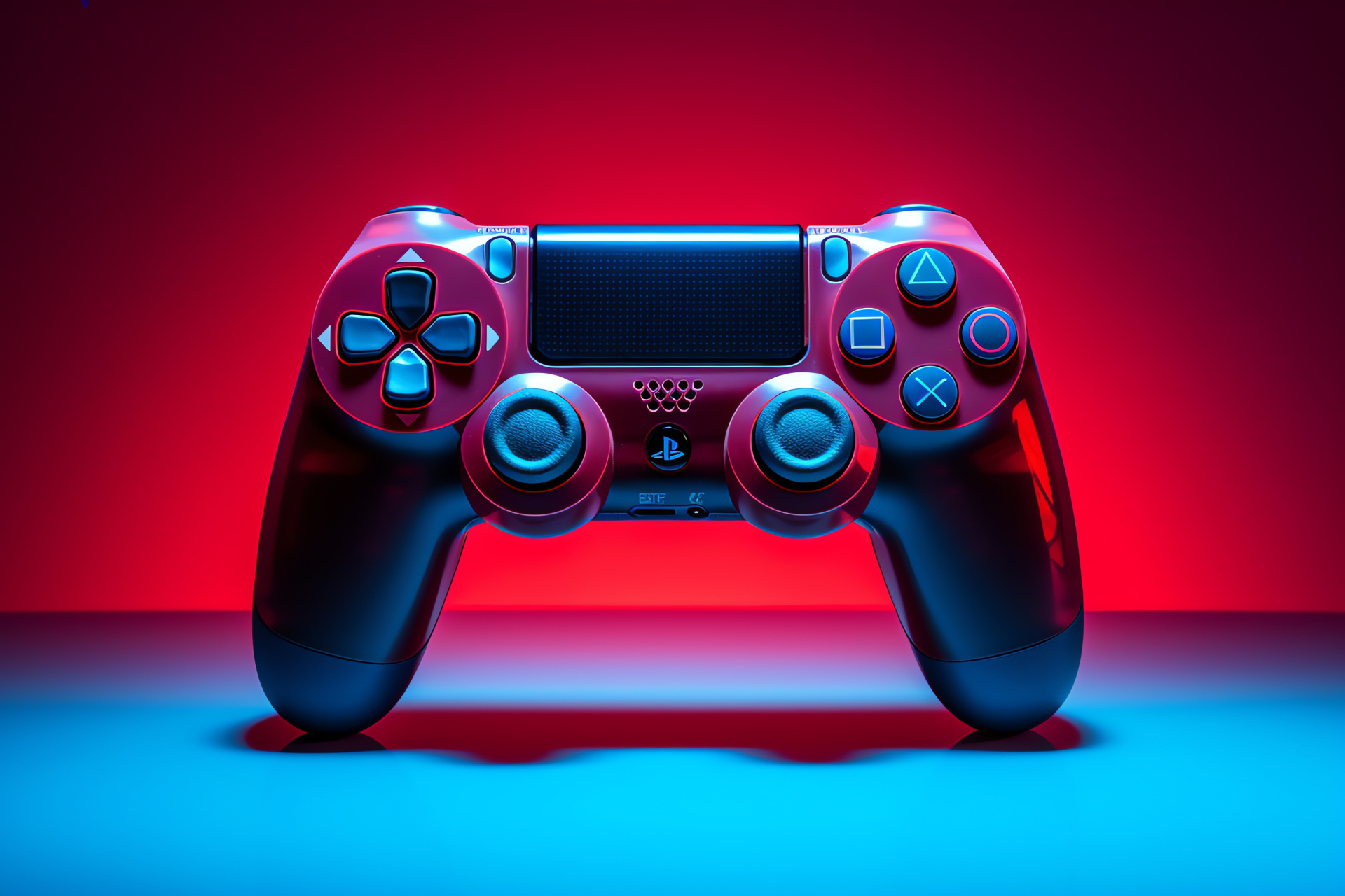 Dramatic blue PlayStation controller, Intense gaming, Vibrant backdrop, Blue against red contrast, PlayStation gaming accessory, HD Desktop Image