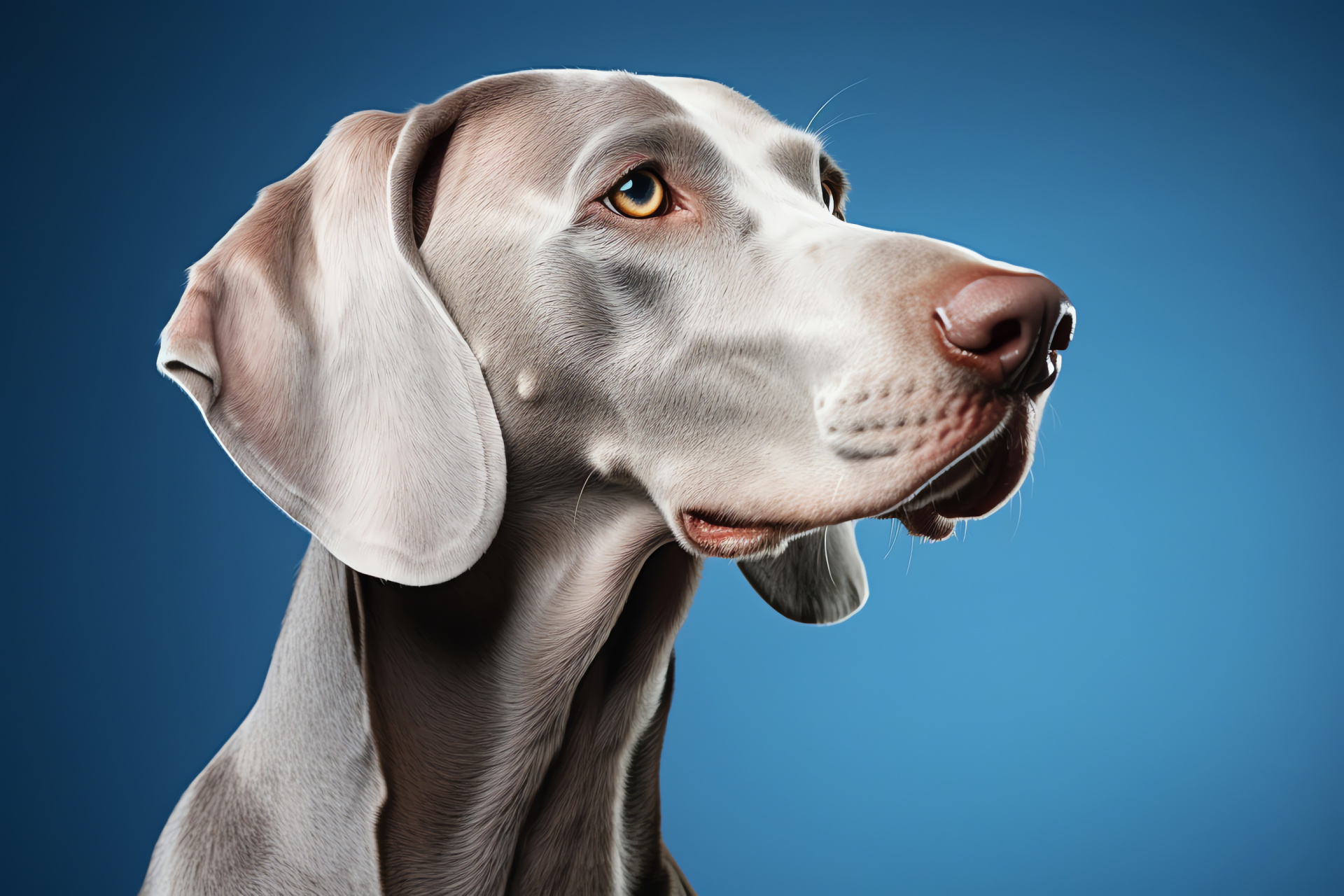 Weimaraner elegance, silver-gray canine fur, deep blue background, graceful dog, close-up, HD Desktop Wallpaper