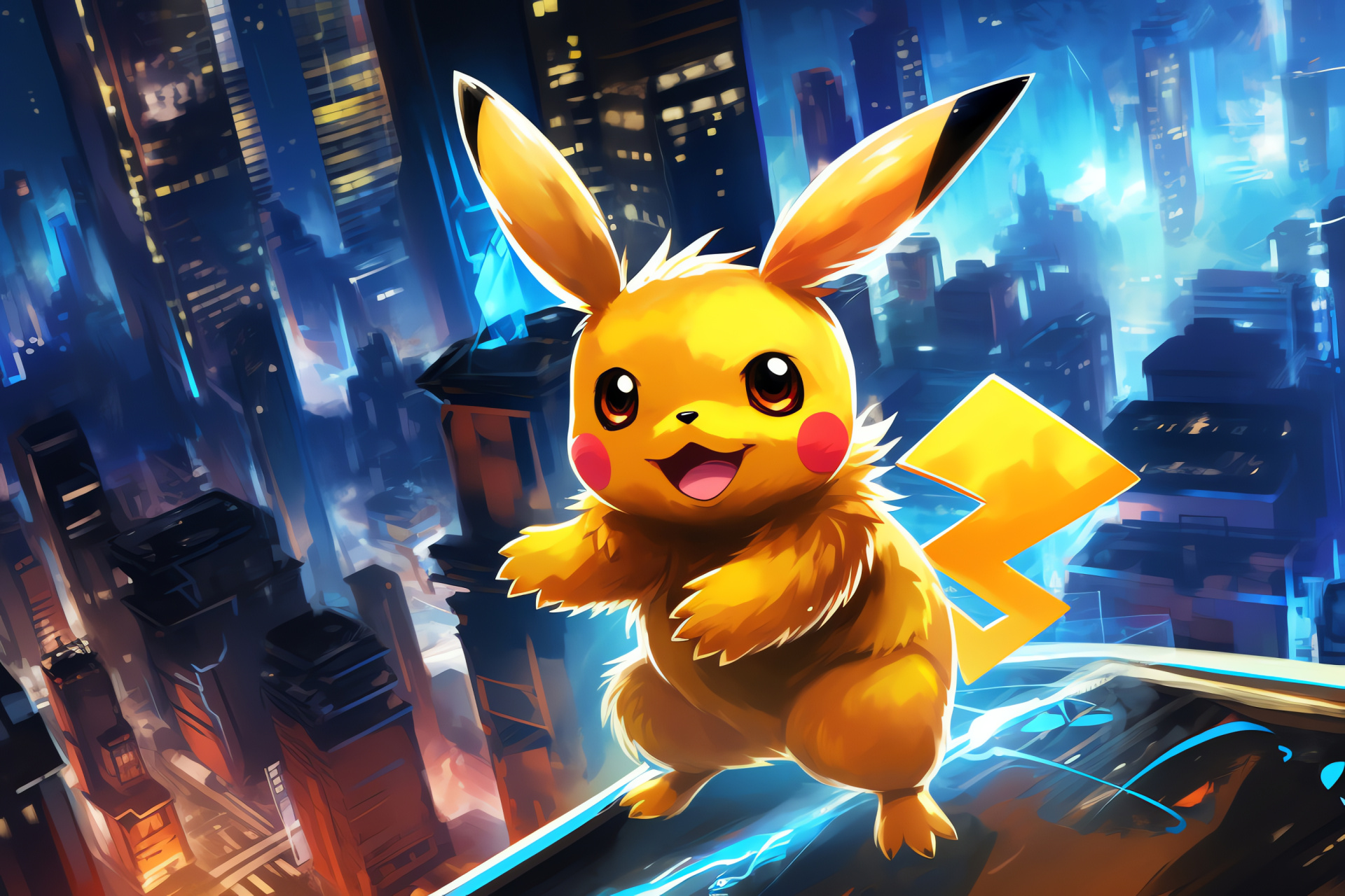 Raichu, Urban landscape, Dazzling electrical display, Pokmon world, Anime scene, HD Desktop Wallpaper