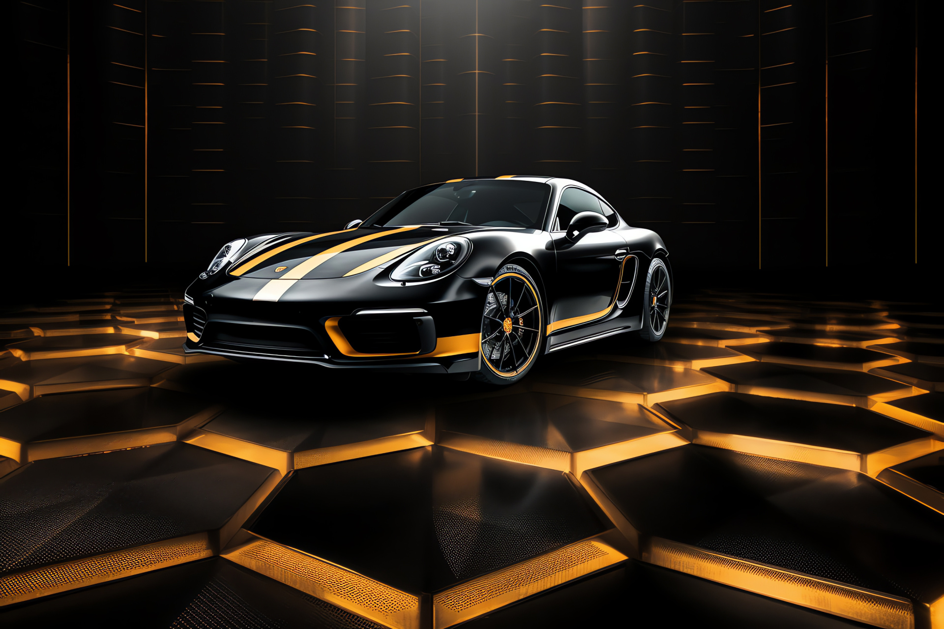 Porsche Cayman GT4, Black and gold palette, Wide stance, Sophisticated sports car, Abstract art backdrop, HD Desktop Image