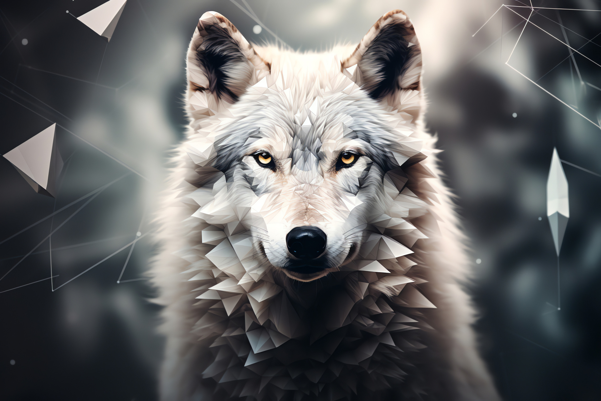 Alpha canid, Aged lupine creature, Contrasting fur pattern, Mathematical motif, Sharp lupine features, HD Desktop Image