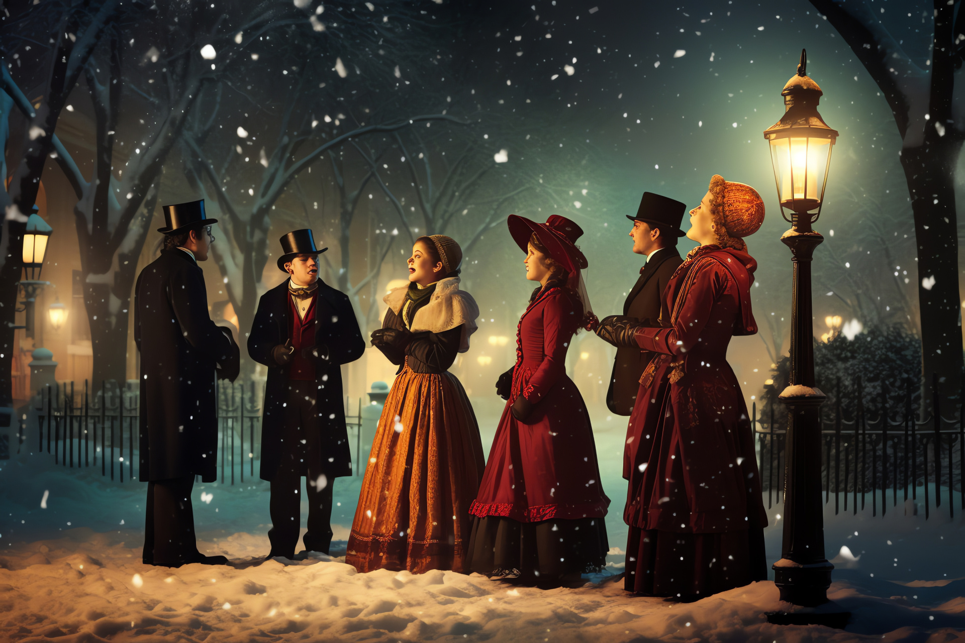 Yuletide music, Period clothing, Street lamp, Seasonal greenery, Idyllic scene, HD Desktop Wallpaper