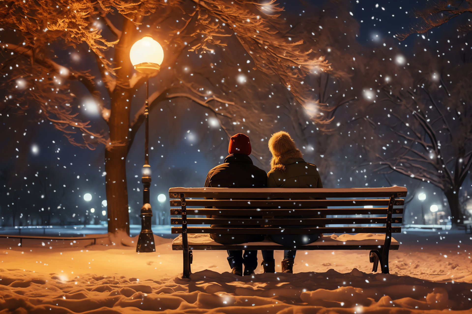 Wintertide park scene, glittering path lights, serene snowfall, footpath imprints, frosted outdoors, HD Desktop Image