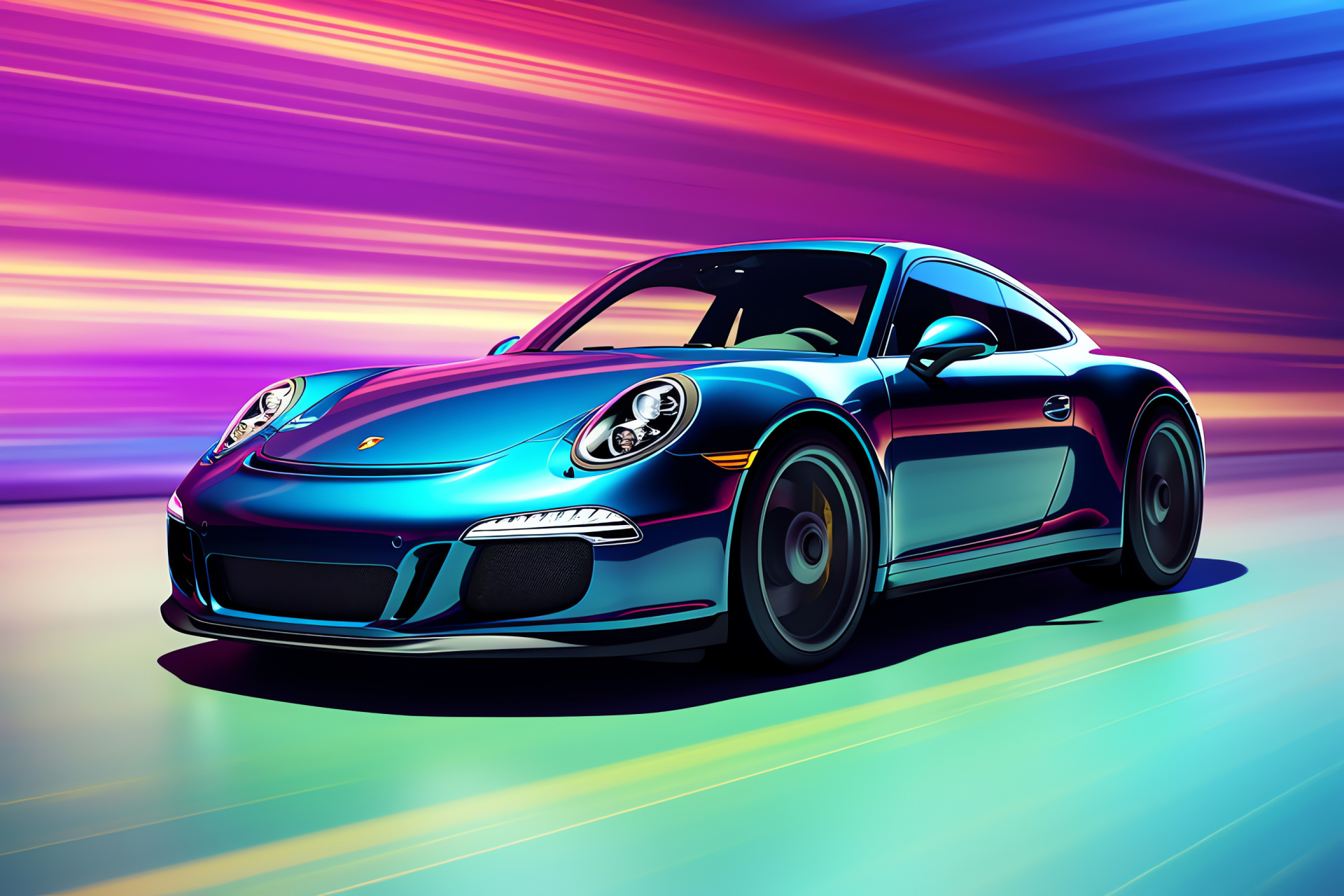 Porsche 911 speed blur, Dynamic multi-color gradient, Velocity in frame, Dimensional road presence, Motion effect background, HD Desktop Image