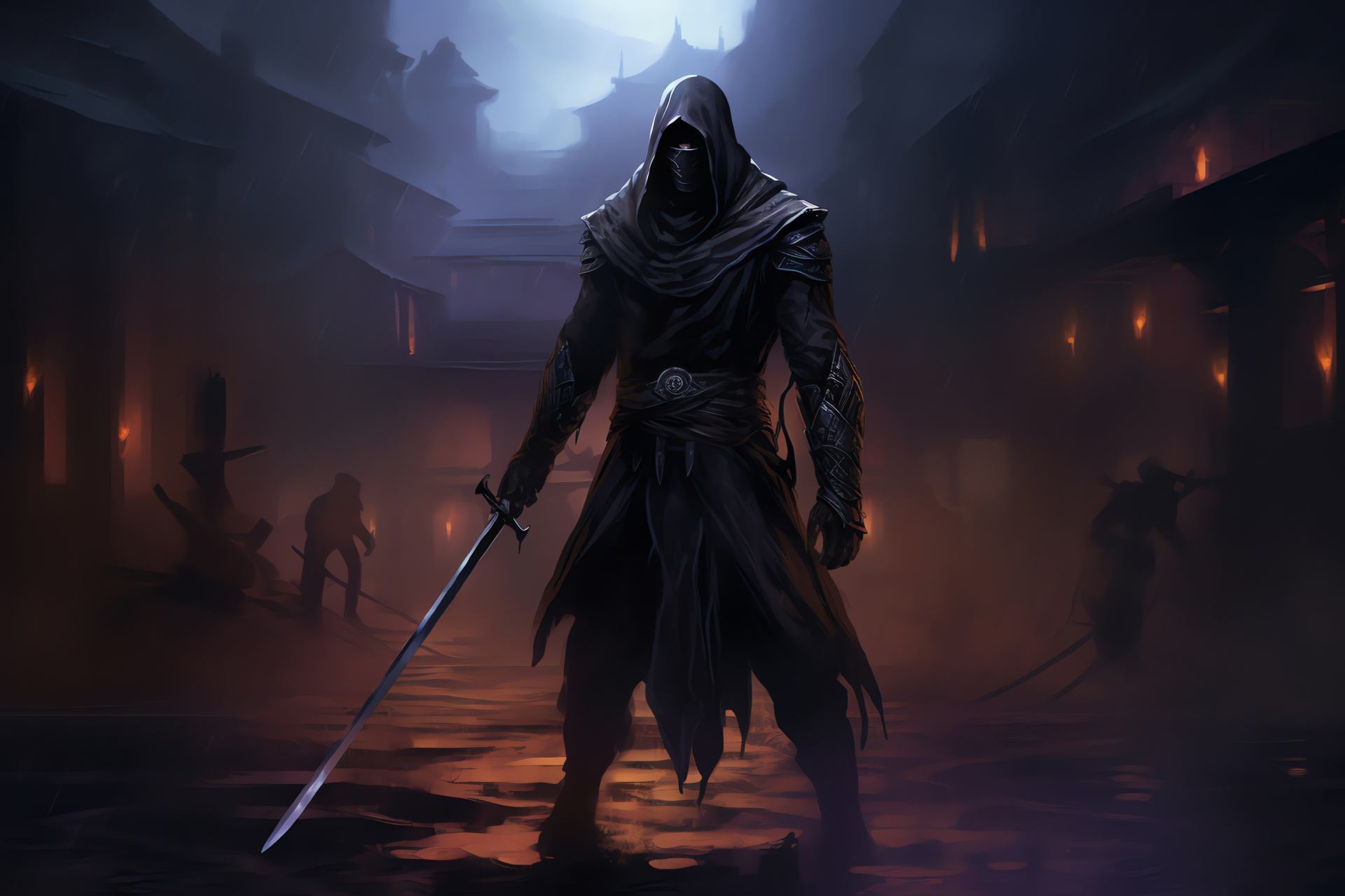 Mortal Kombat Noob Saibot, Enshrouded warrior, Menacing stance, Traditional ninja weapon, Combat silhouette, HD Desktop Wallpaper