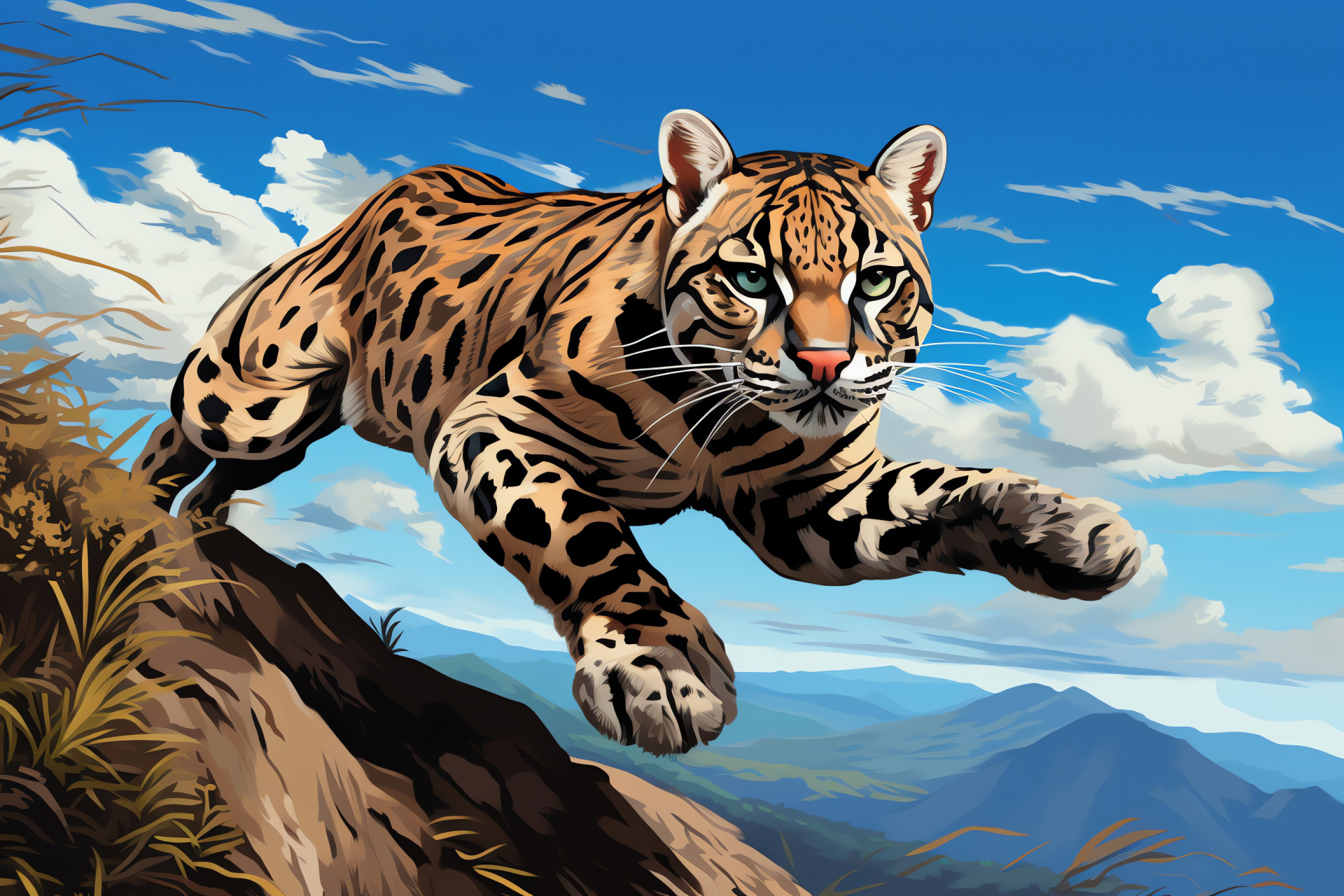 Ocelot with sapphire eyes, graceful fur, silver-gray tone, spotted agility, HD Desktop Wallpaper