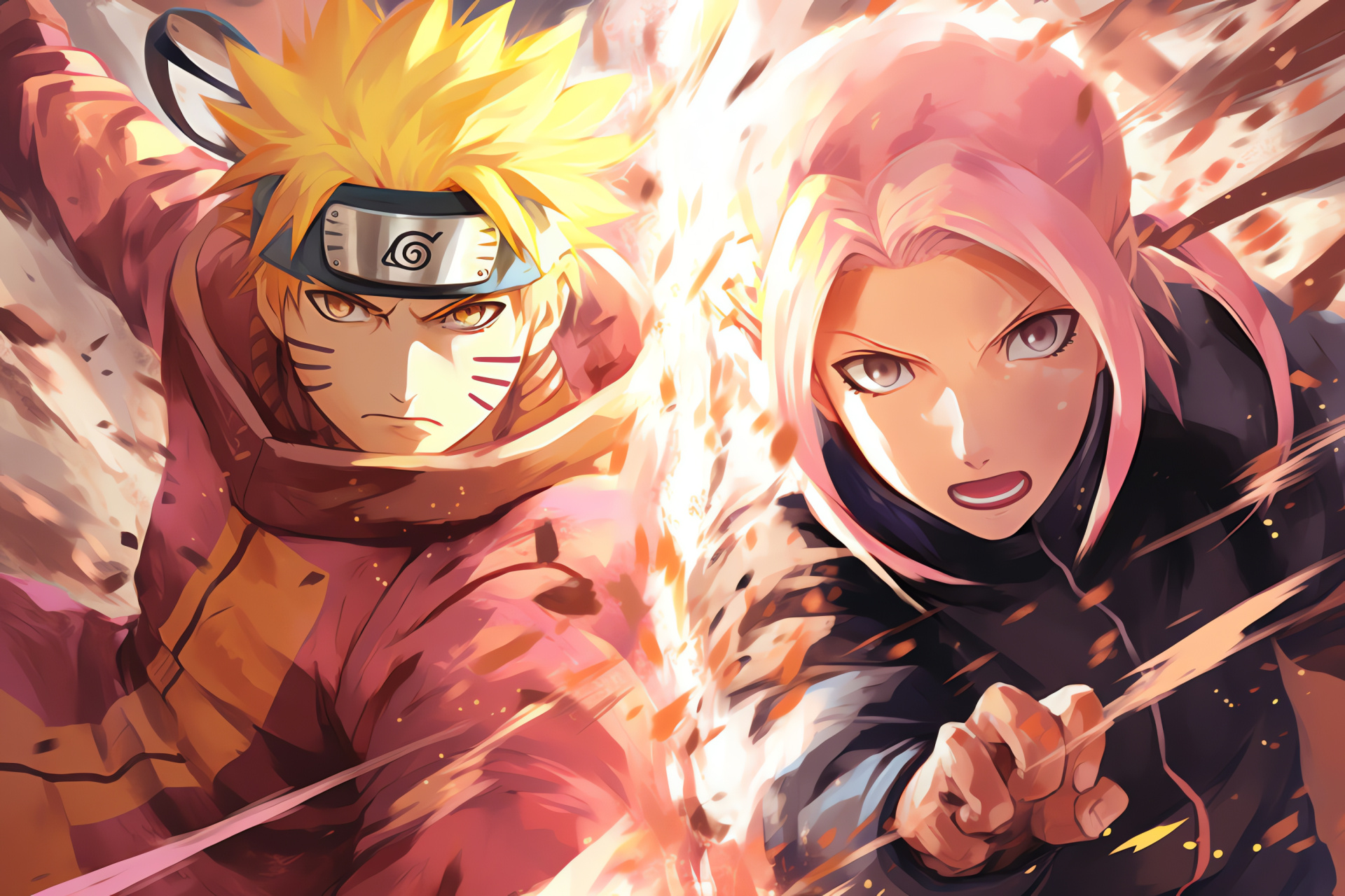 Naruto Sakura, Teamwork battle, Ninja strategy, Chakra concentration, Anime duo, HD Desktop Wallpaper