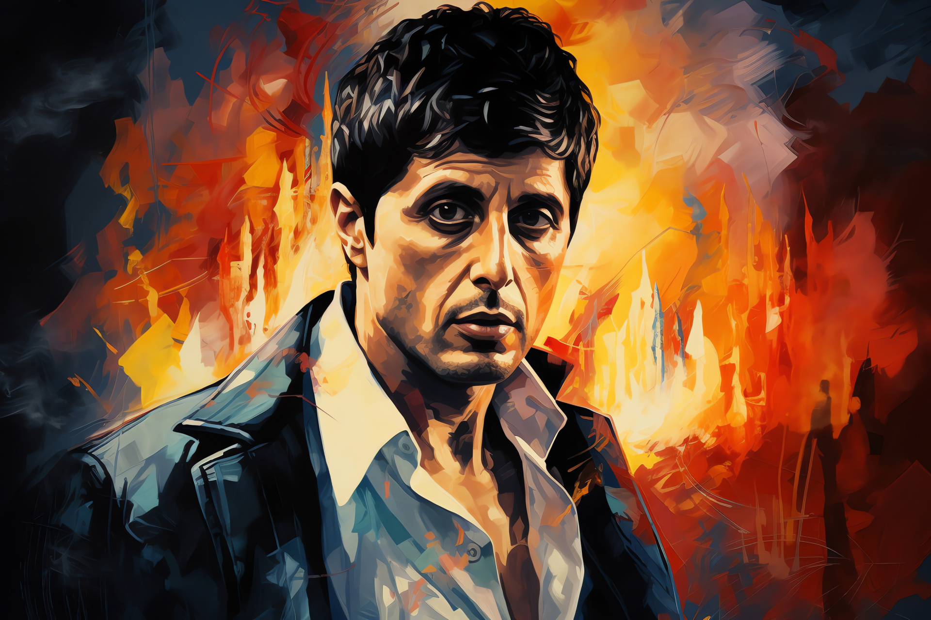 Tony Montana mural art, Al Pacino's portrayal, Striking ruby tone, Neon-like illumination, Fierce ocular presence, HD Desktop Wallpaper