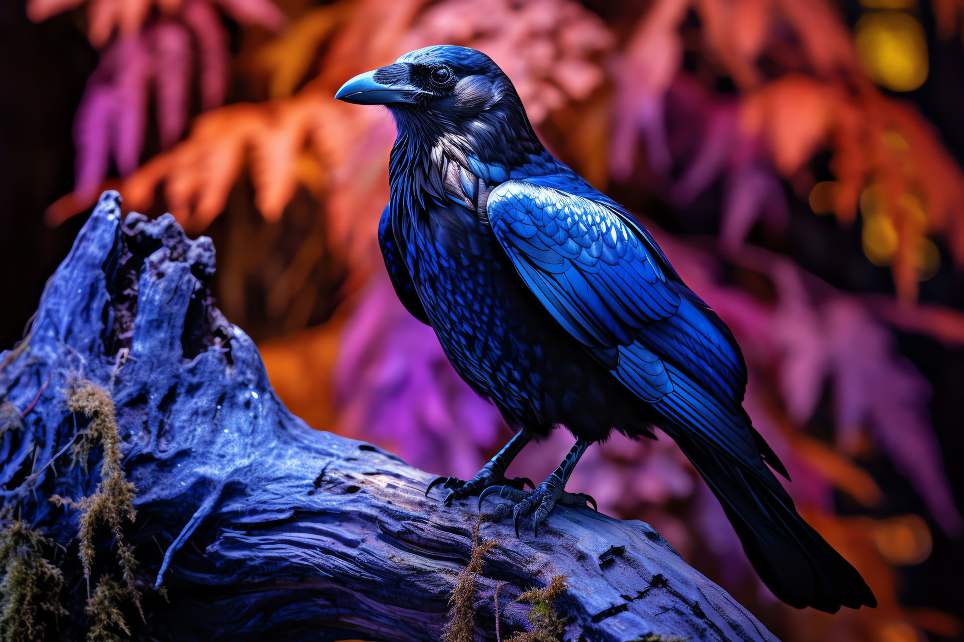 Raven bird elegance, contrasting feather pattern, avian gaze intensity, tranquil natural setting, woodland perch, HD Desktop Image