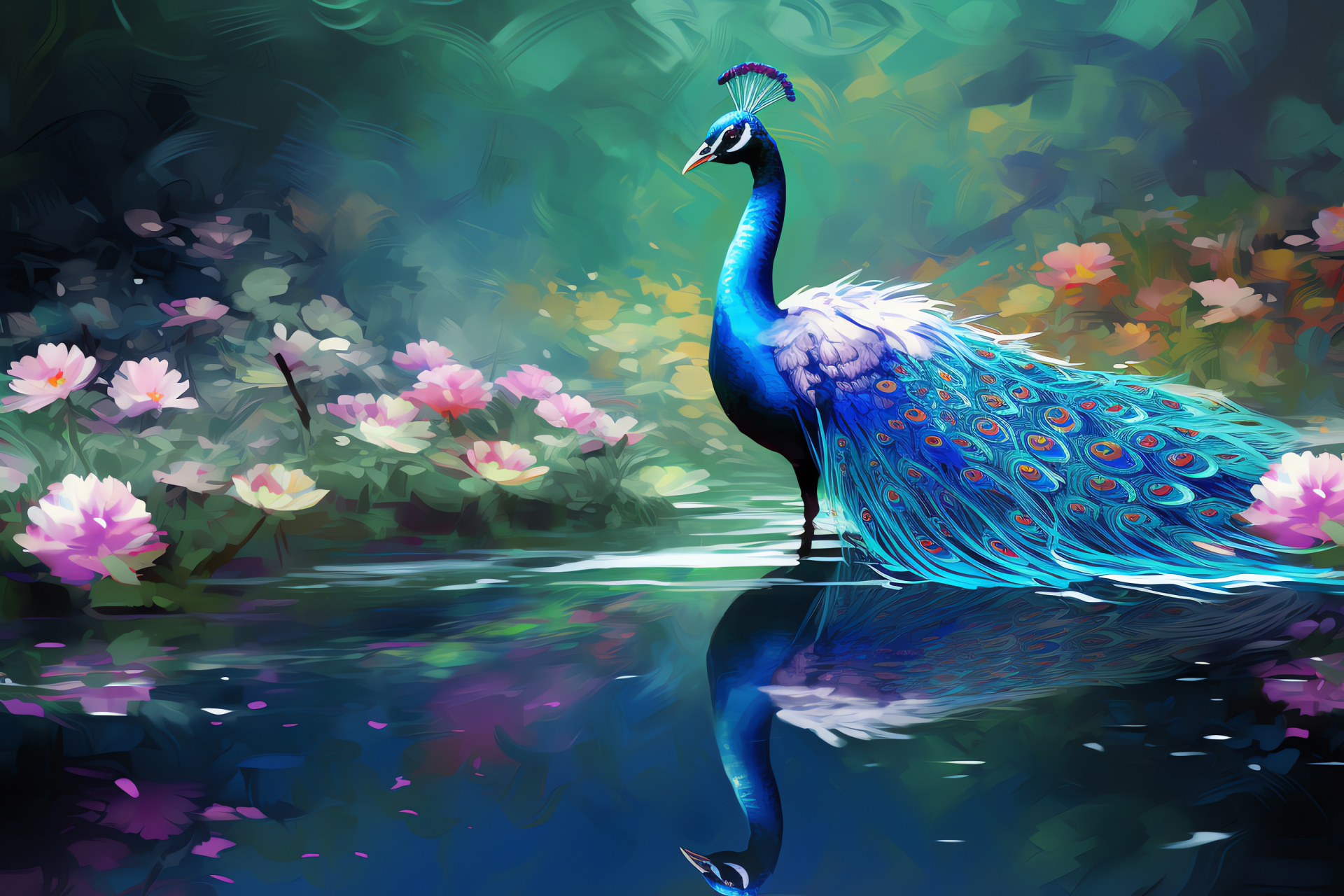 Peacock by water, Reflection in pond, Elegant garden bird, Ripples around feathers, Nature's poise, HD Desktop Wallpaper