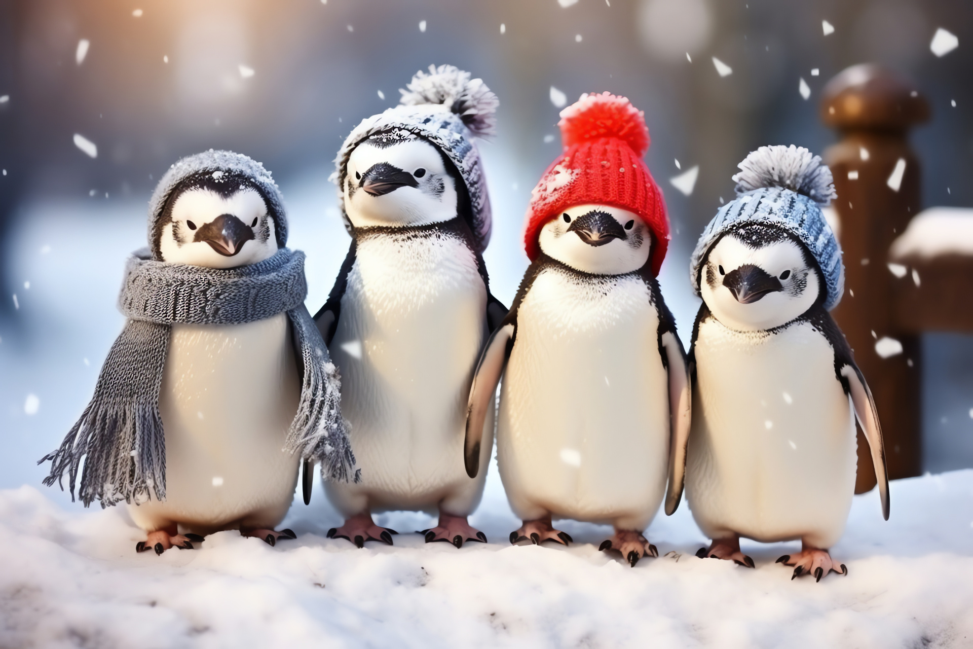 Penguin characters, Winter attire, Cold climate, Powder-covered terrain, Animal tracks, HD Desktop Wallpaper