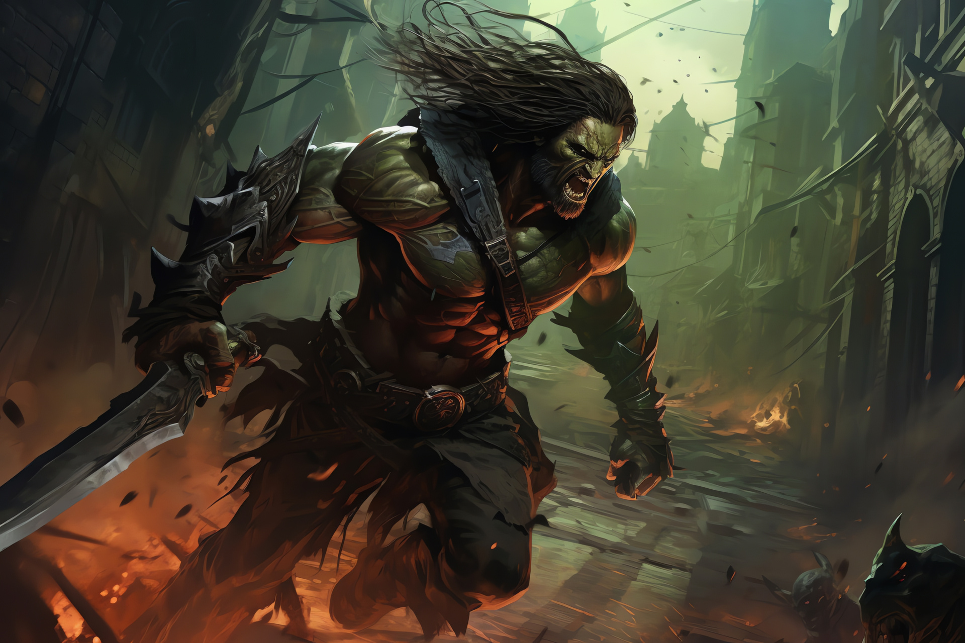Path of Exile combat, Berserker class fury, action scene energy, corrupted cityscape backdrop, war axe mastery, HD Desktop Wallpaper