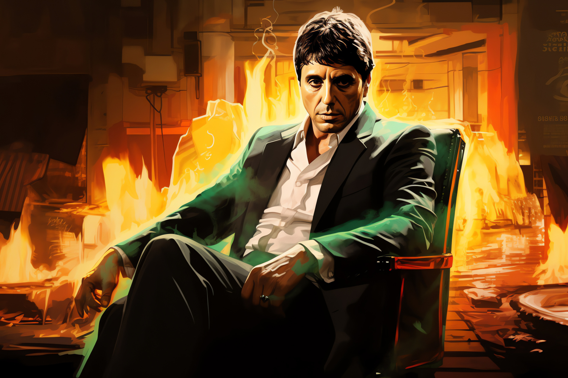 Scarface image, Swaggering Tony Montana, Artistic wall, Illuminated linear pattern, Vivid ocular appeal, HD Desktop Wallpaper