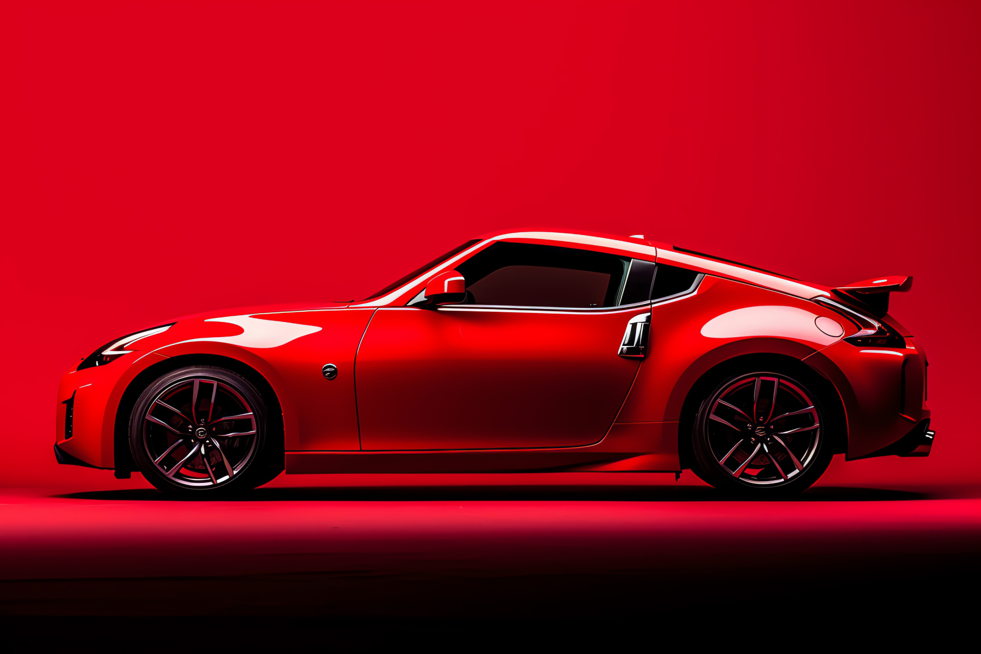 Nissan 370Z, Red sports car, Automotive artistry, Side framing, Illuminated contour, HD Desktop Wallpaper