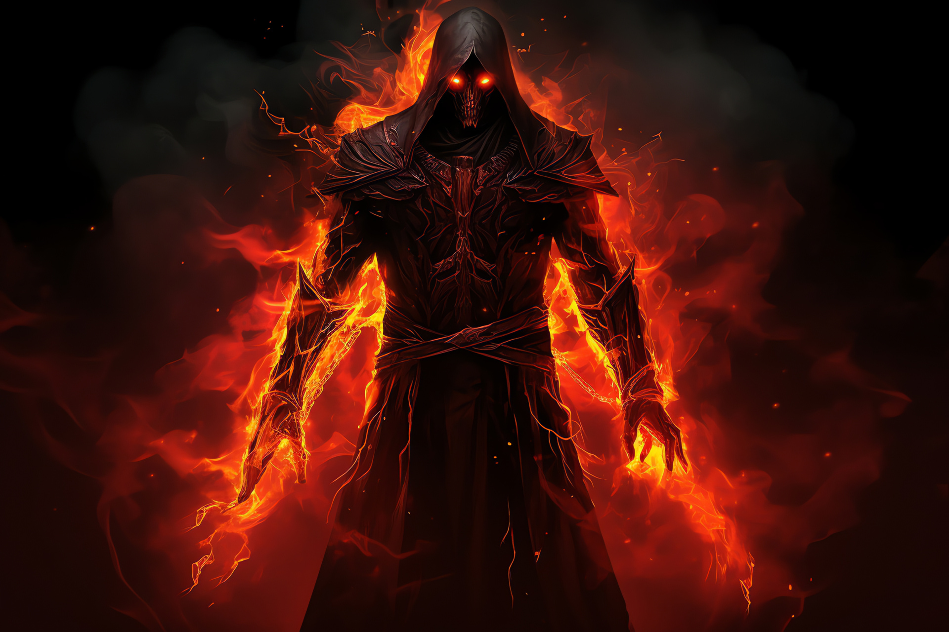 Necromancer character, Alistair design, Amber eye detail, Stooped form, Menacing stare effect, HD Desktop Wallpaper