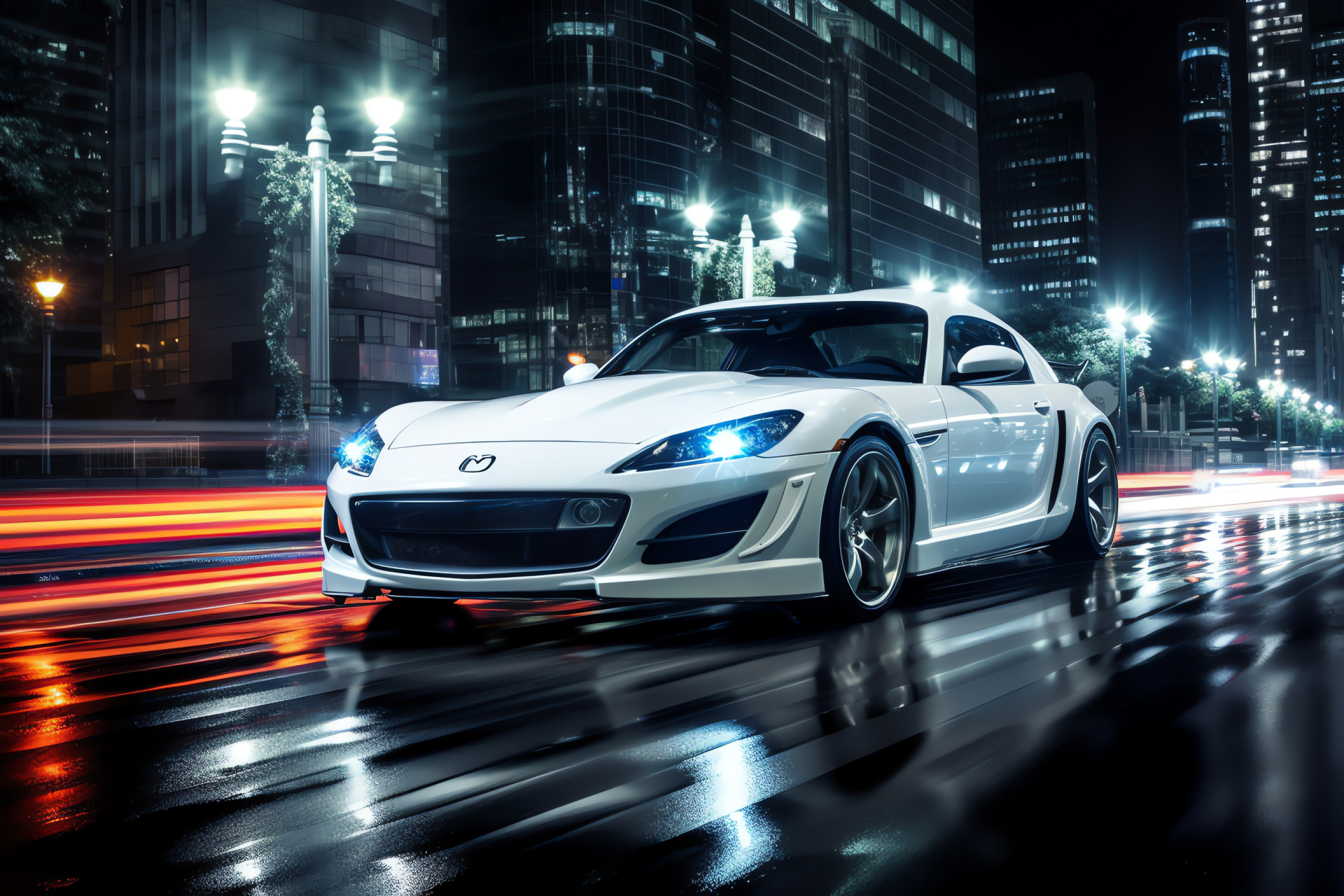 Mazda RX8 scene, White sports car, Architectural giants, Futuristic urban design, Sci-fi city ambiance, HD Desktop Wallpaper
