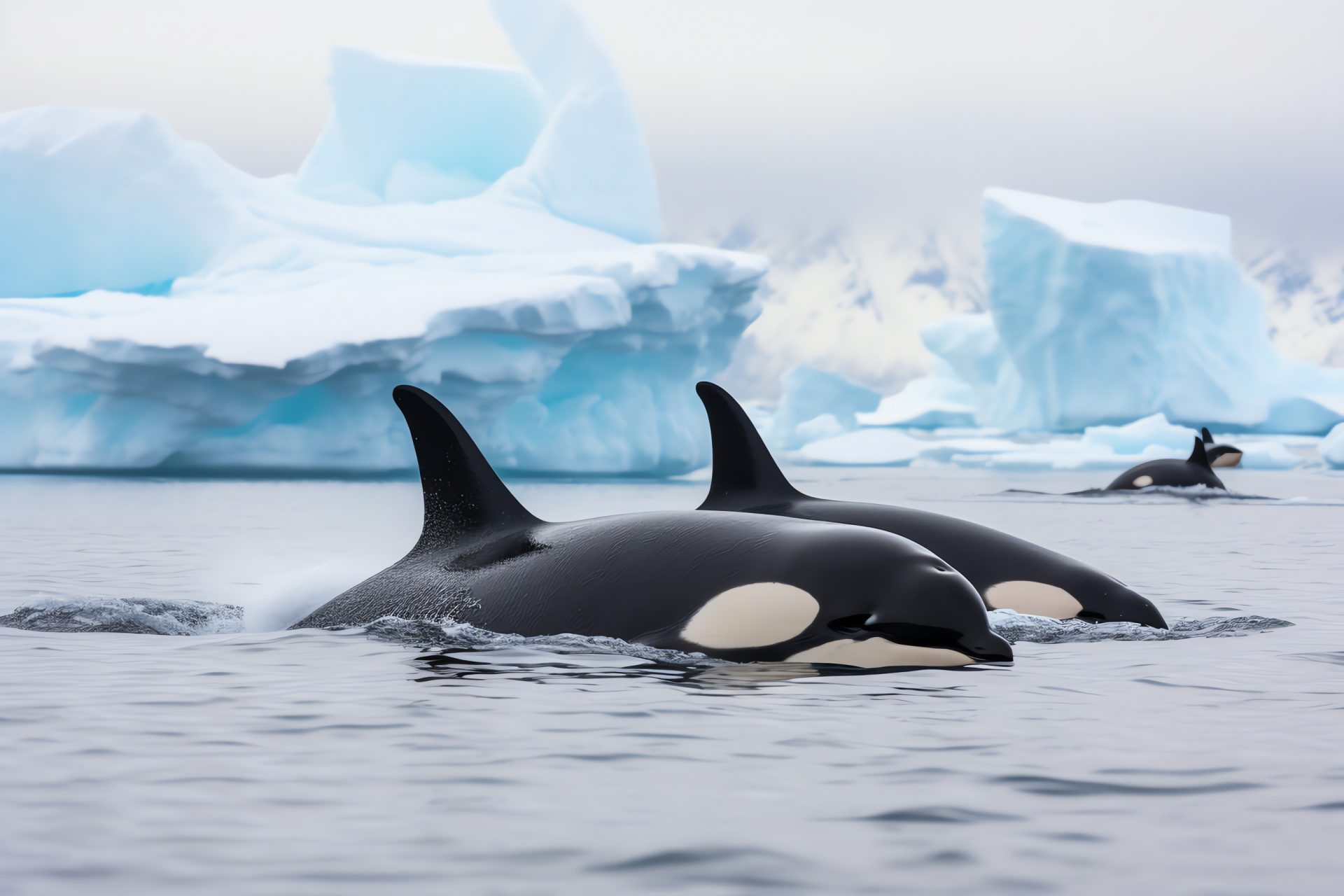 Orcas in motion, Antarctic pod, Distinctive saddle patch, Southern Ice ocean, Magnitude perspective, HD Desktop Wallpaper