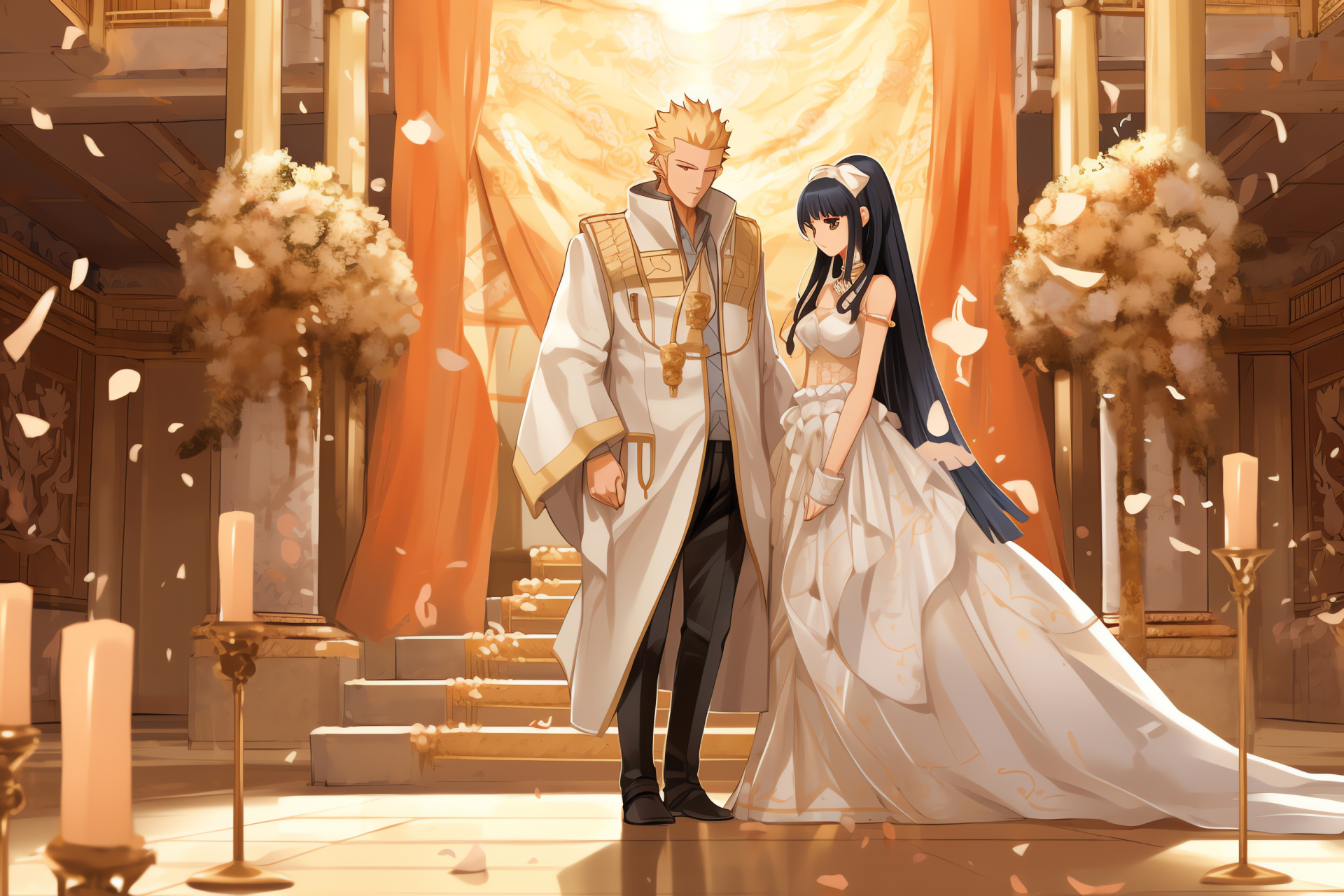 Naruto wedding scene, Hinata in bridal dress, Anime nuptials, Celebratory manga, Elegant setting, HD Desktop Image