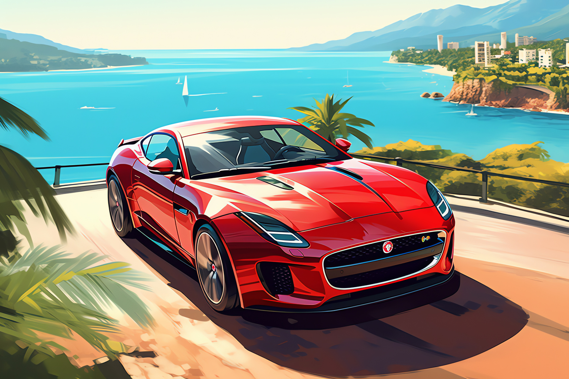 Jaguar F-Type Coupe red, British luxury car, Graceful coastal roads, Prestige automotive, Sporty exterior, HD Desktop Image