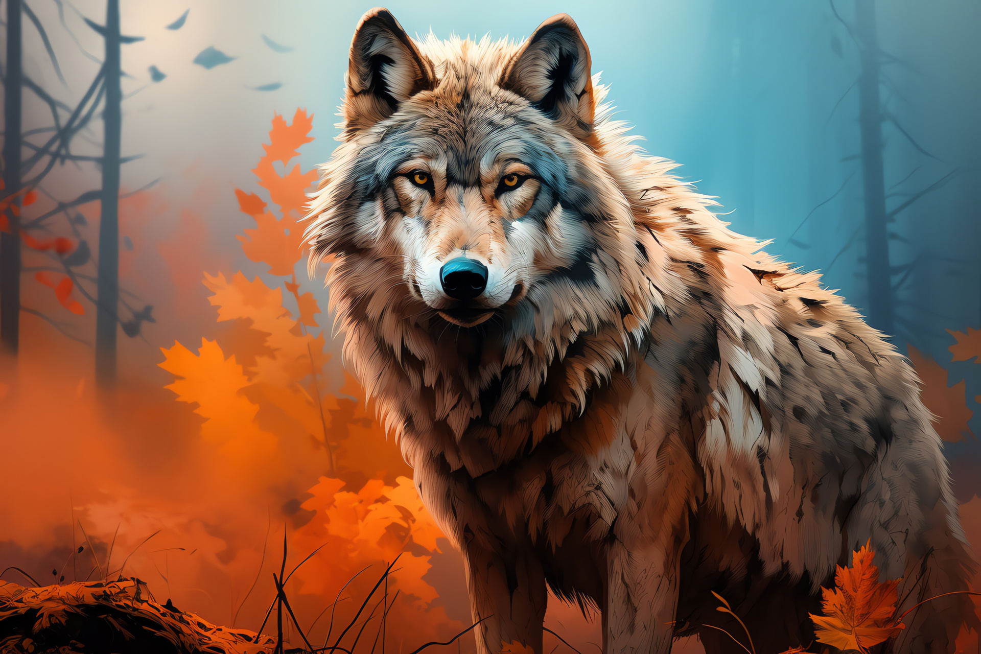 Lone Canis lupus species, steel grey stare, chestnut wild coat, russet earth terrain, auburn surroundings, HD Desktop Image