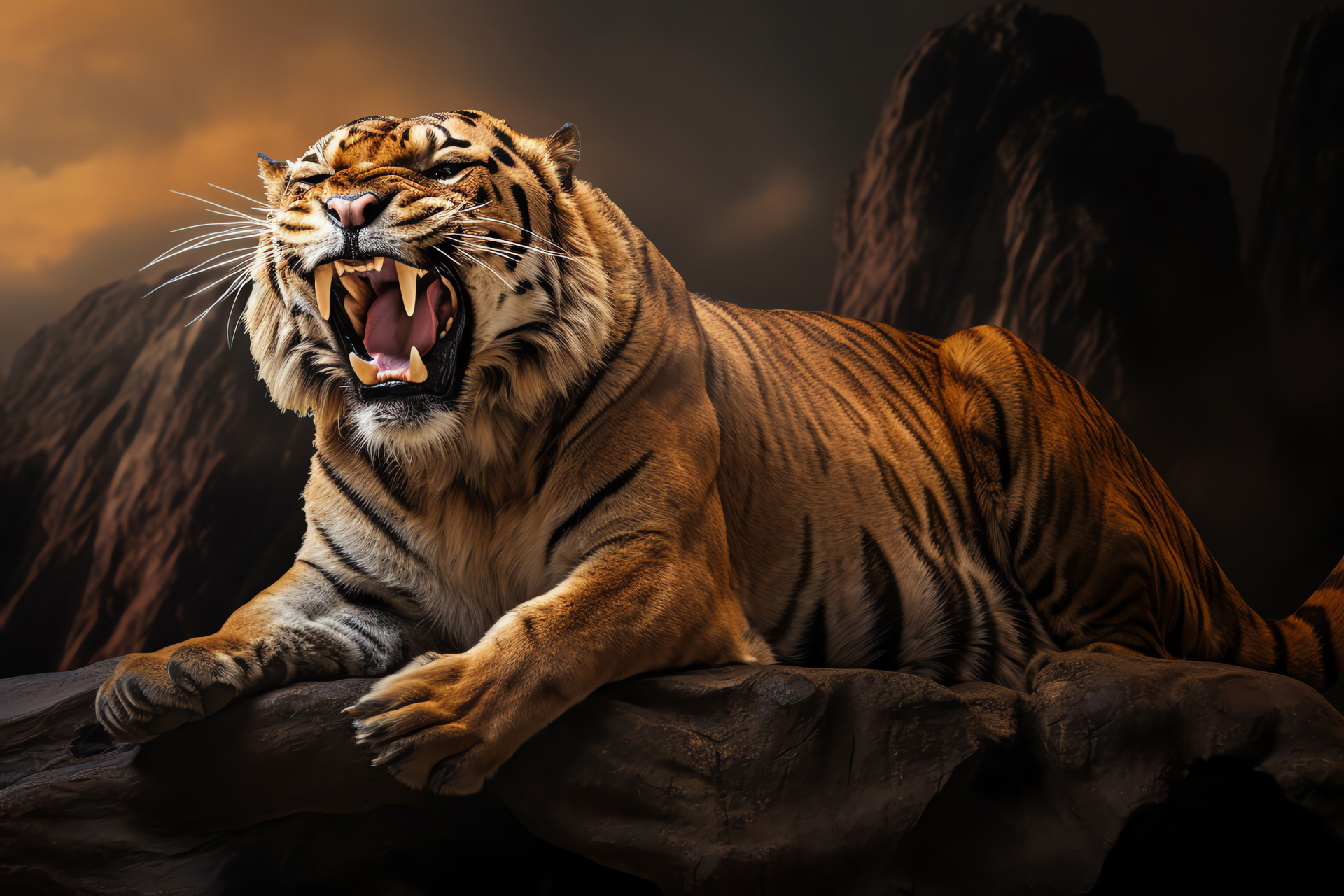 Saber Tooth Tiger, richly colored fur, triple-color backdrop, extinct carnivore, ancient grandeur, HD Desktop Image