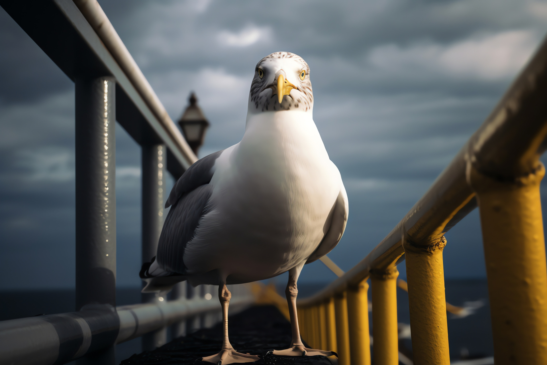 Seagull at lighthouse, coastal weather conditions, avian survivor, bird against storm background, sea navigation symbol, HD Desktop Image