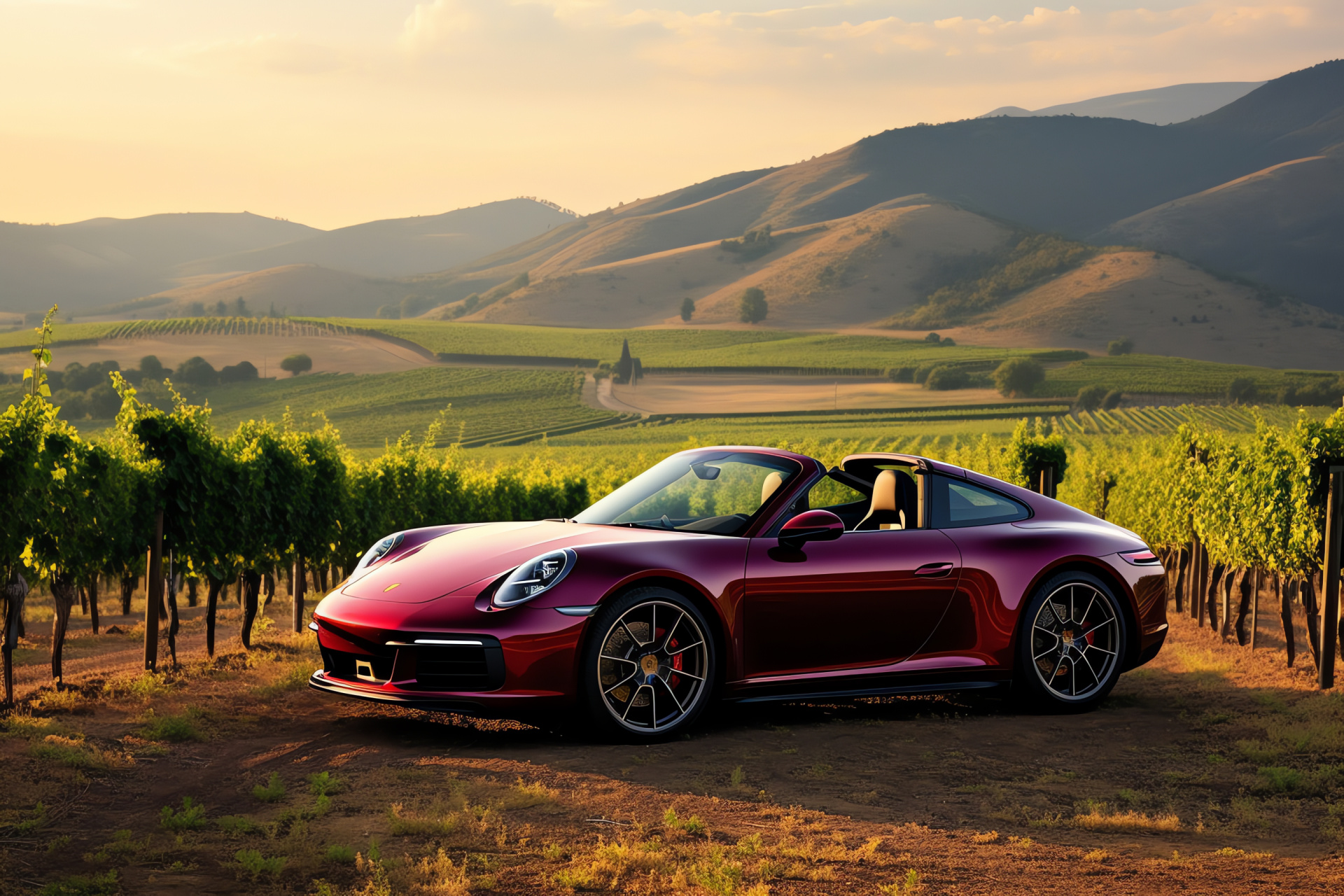 Porsche 911 Targa 4S, Tuscan scenery, Expansive roof, Undulating countryside, Wine country, HD Desktop Image
