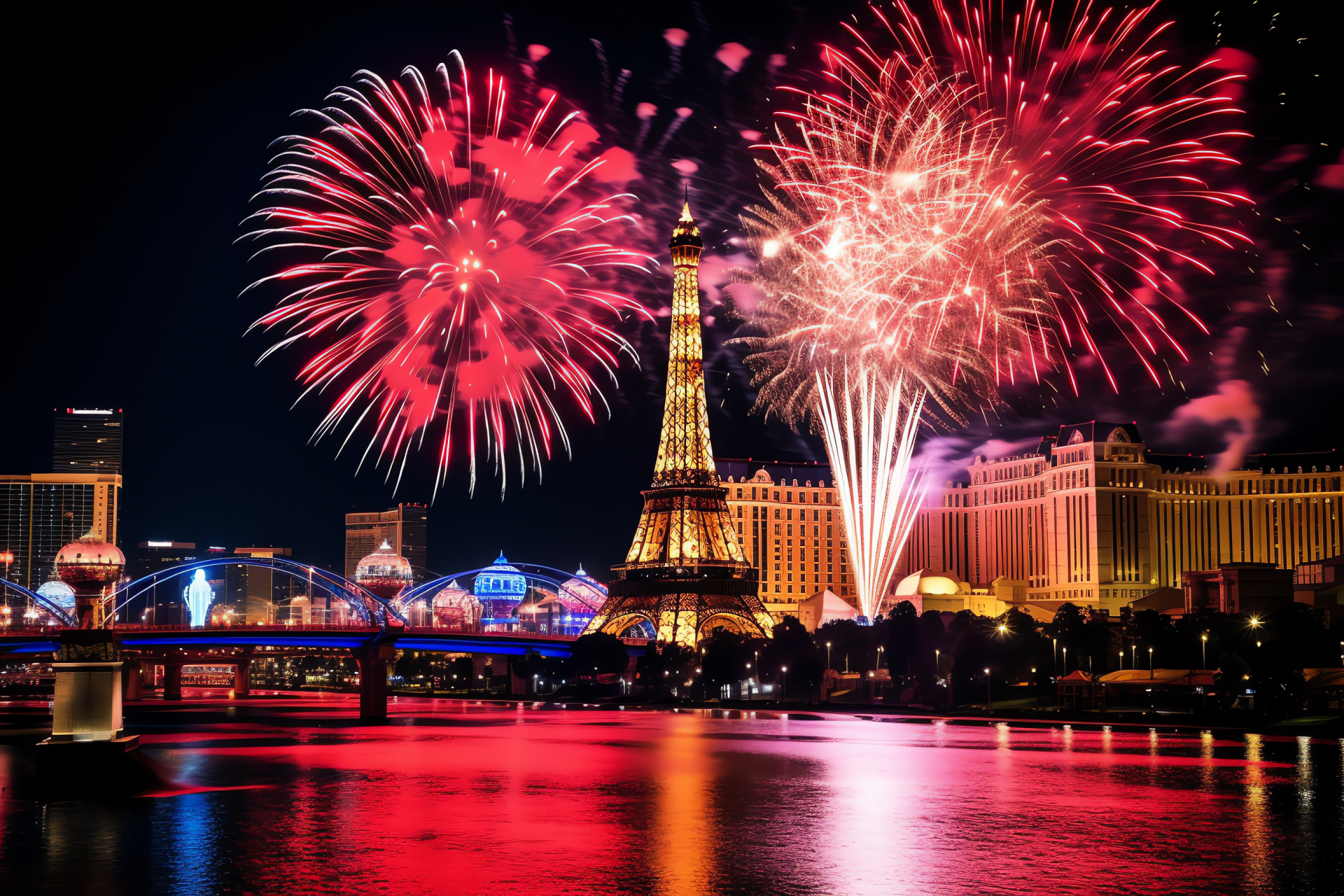New Year festivities, Neon-lit Vegas skyline, Strip's vibrant glow, Night-time jubilations, Pyrotechnic spectacles, HD Desktop Image