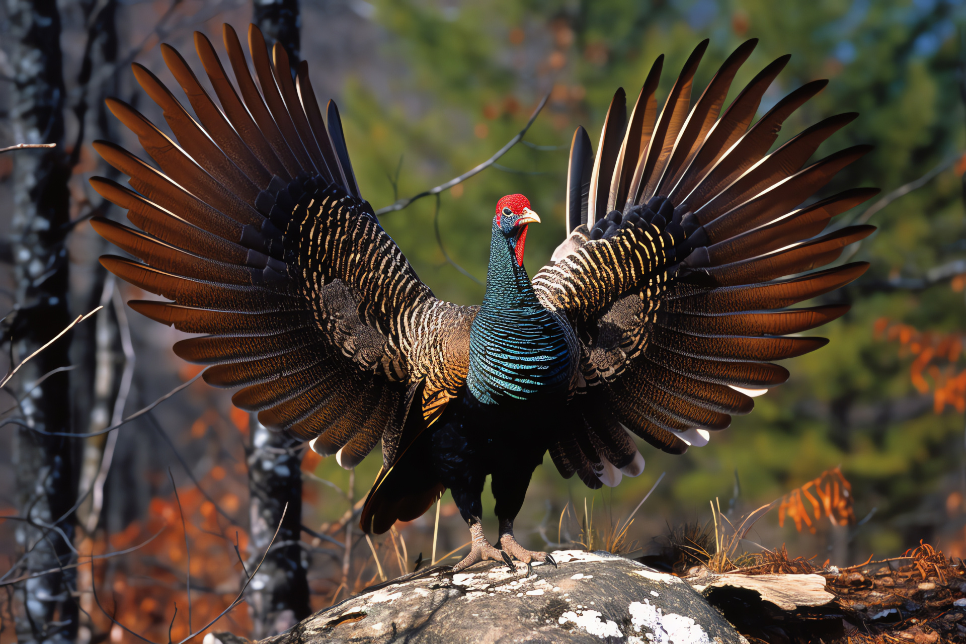 Displaying Wild Turkey, Tail feathers exhibition, Rich avian colors, Iridescent plumage beauty, Woodland bird, HD Desktop Wallpaper