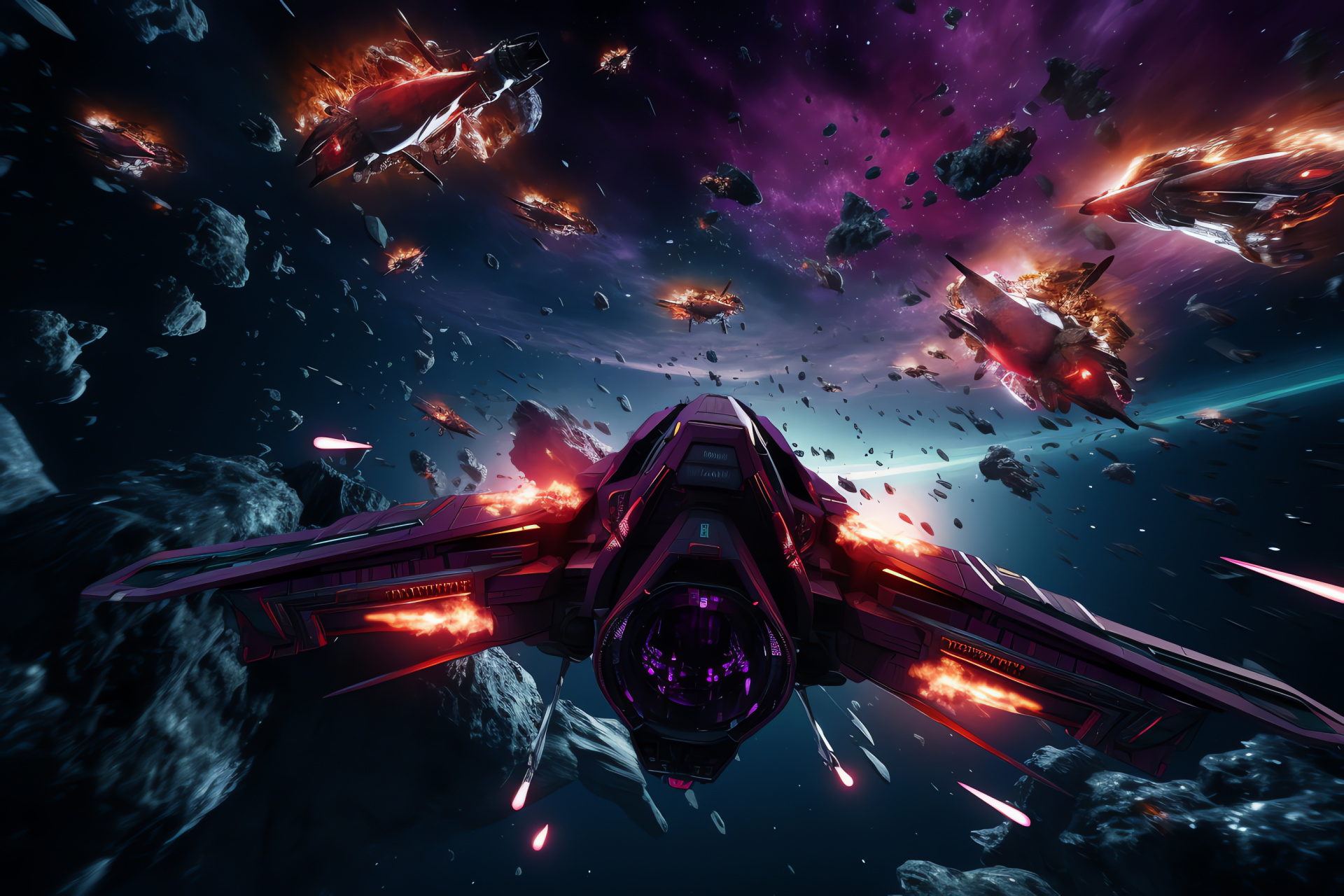 Stellar dogfights, Spacecraft air squadron, Galactic battle dynamics, Intense cosmic confrontation, Deep-space dogfight, HD Desktop Image