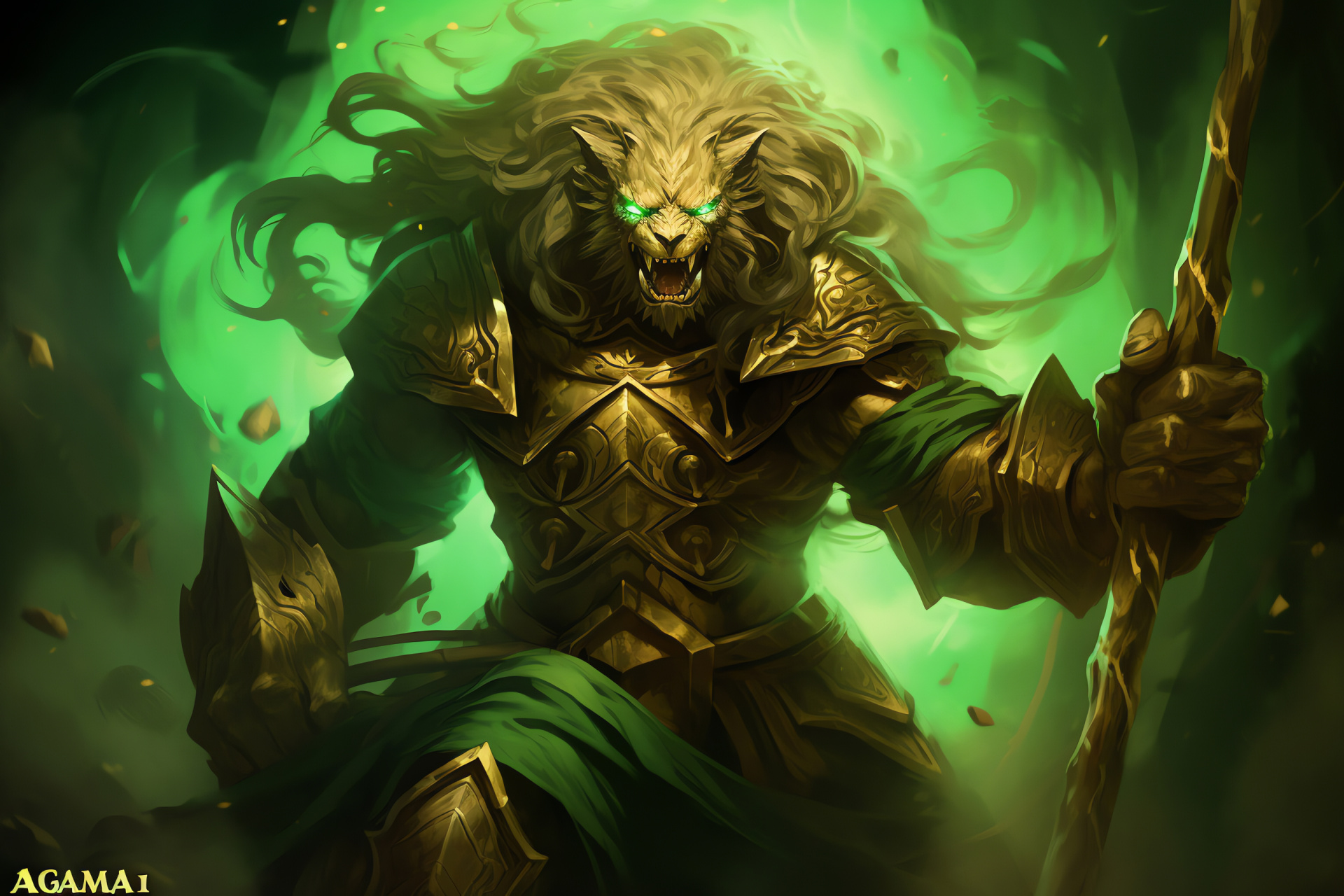 Ajani Goldmane grandeur, Feline warrior, Gold-hued irises, Battle axe emblem, MTG valor, HD Desktop Image