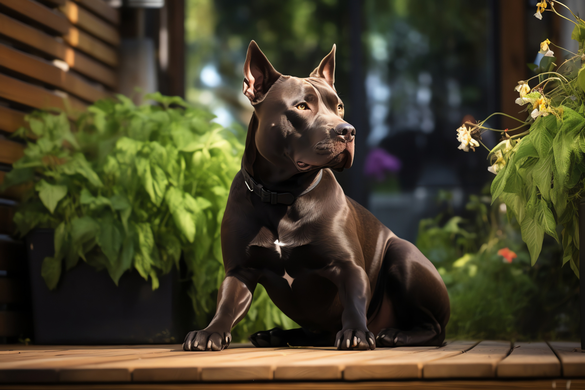 Backyard Pitbull setting, Pitbull guard stance, Lush garden dog, Pitbull canine appearance, Outdoor Pitbull, HD Desktop Image