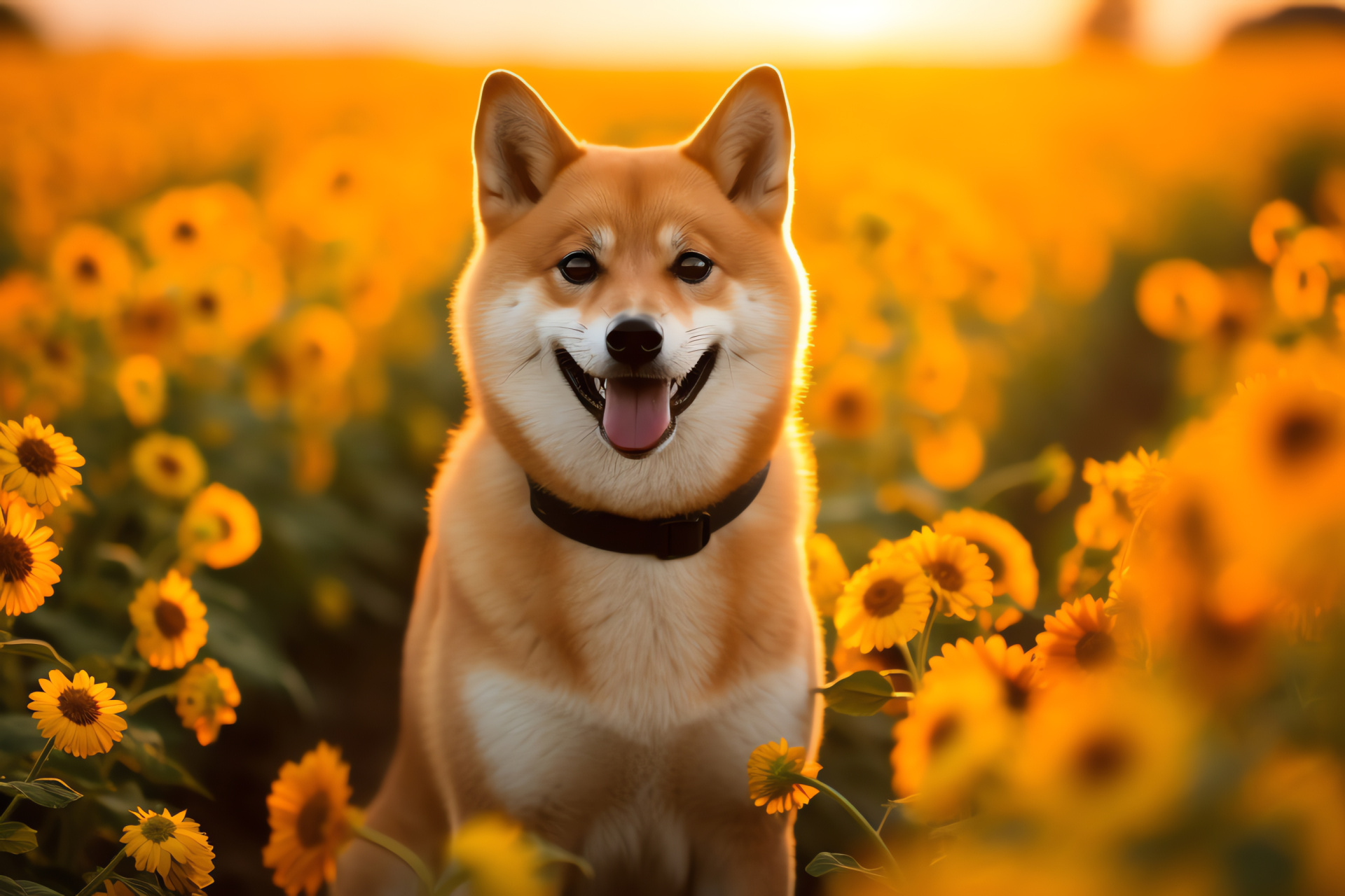 Shiba Inu curiosity, Amber-eyed canine, Sunflower playground, Short orange fur, Outdoor sunshine, HD Desktop Wallpaper