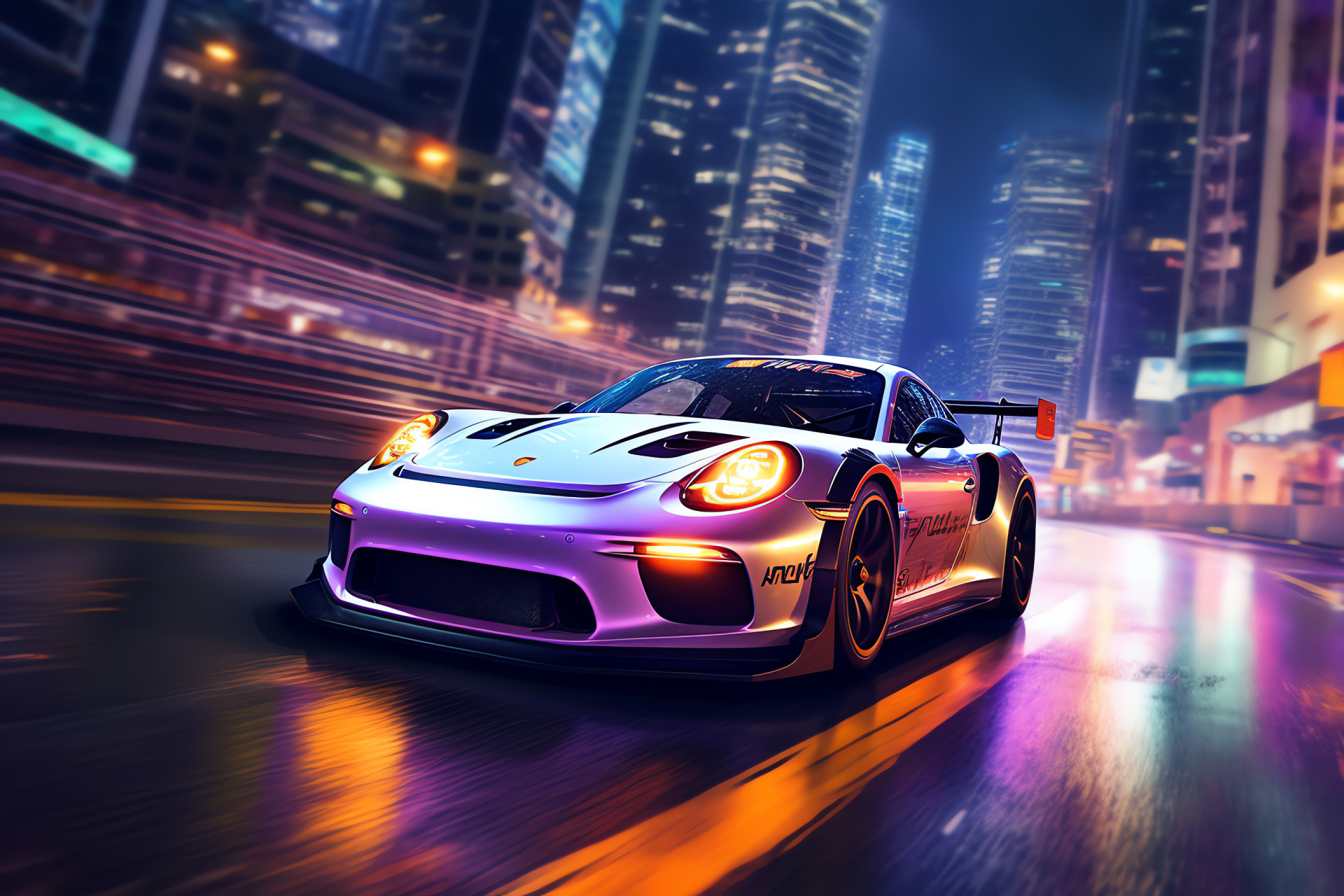 Porsche GT3 Clubsport model, metropolitan setting, illuminated cityscape, sleek automotive architecture, HD Desktop Image
