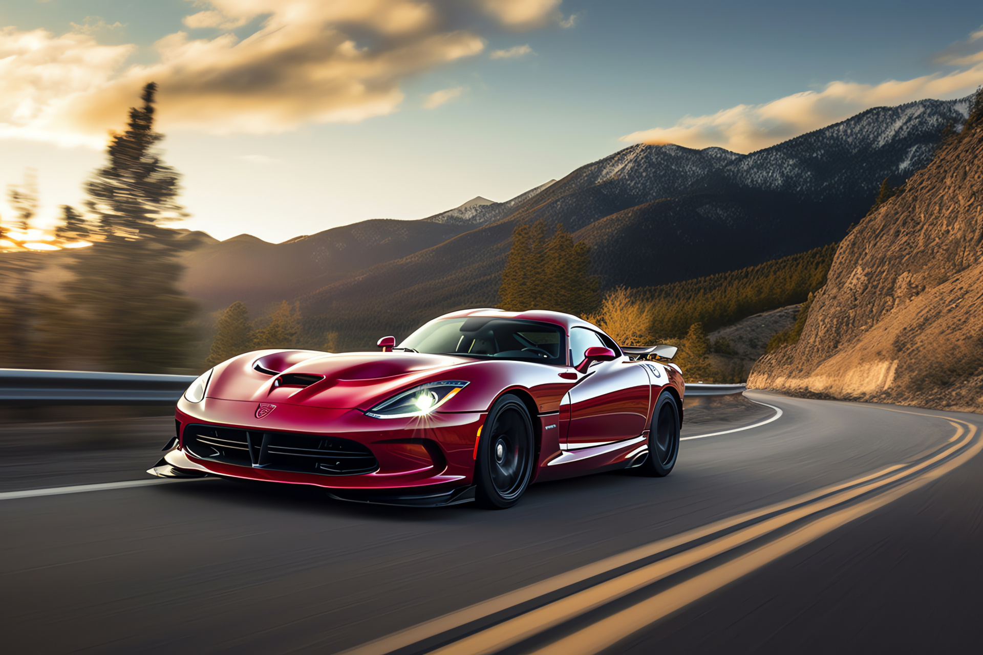 SRT Viper auto, Mountain roads driving, ACR-X model, Majestic mountains backdrop, Clear blue sky, HD Desktop Image