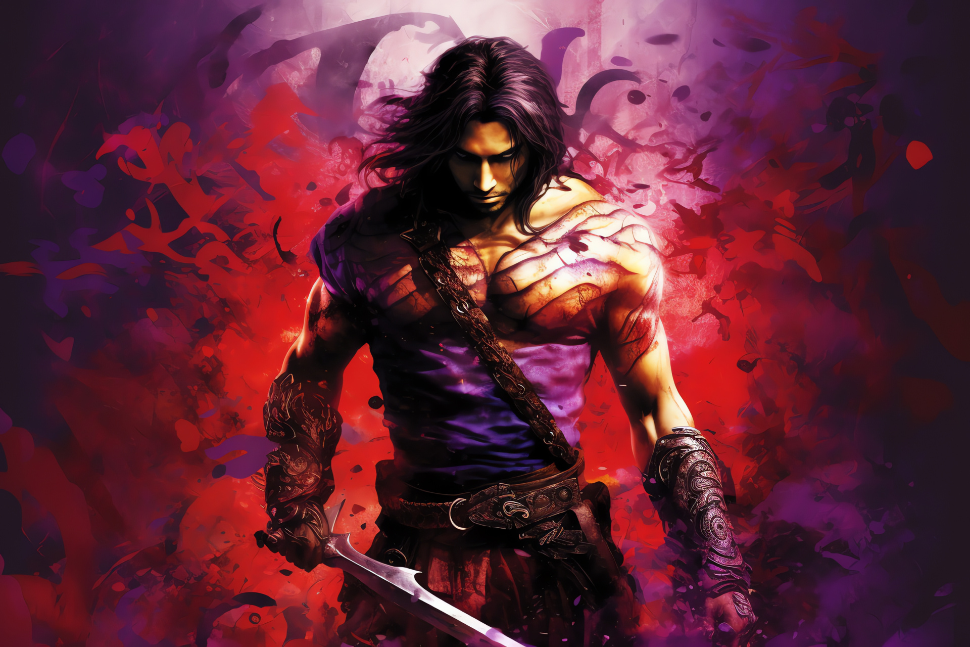 Adventurous Prince figure, Purple-eyed warrior, Dark attire fighter, Sword carrying action, Epic journey depiction, HD Desktop Wallpaper