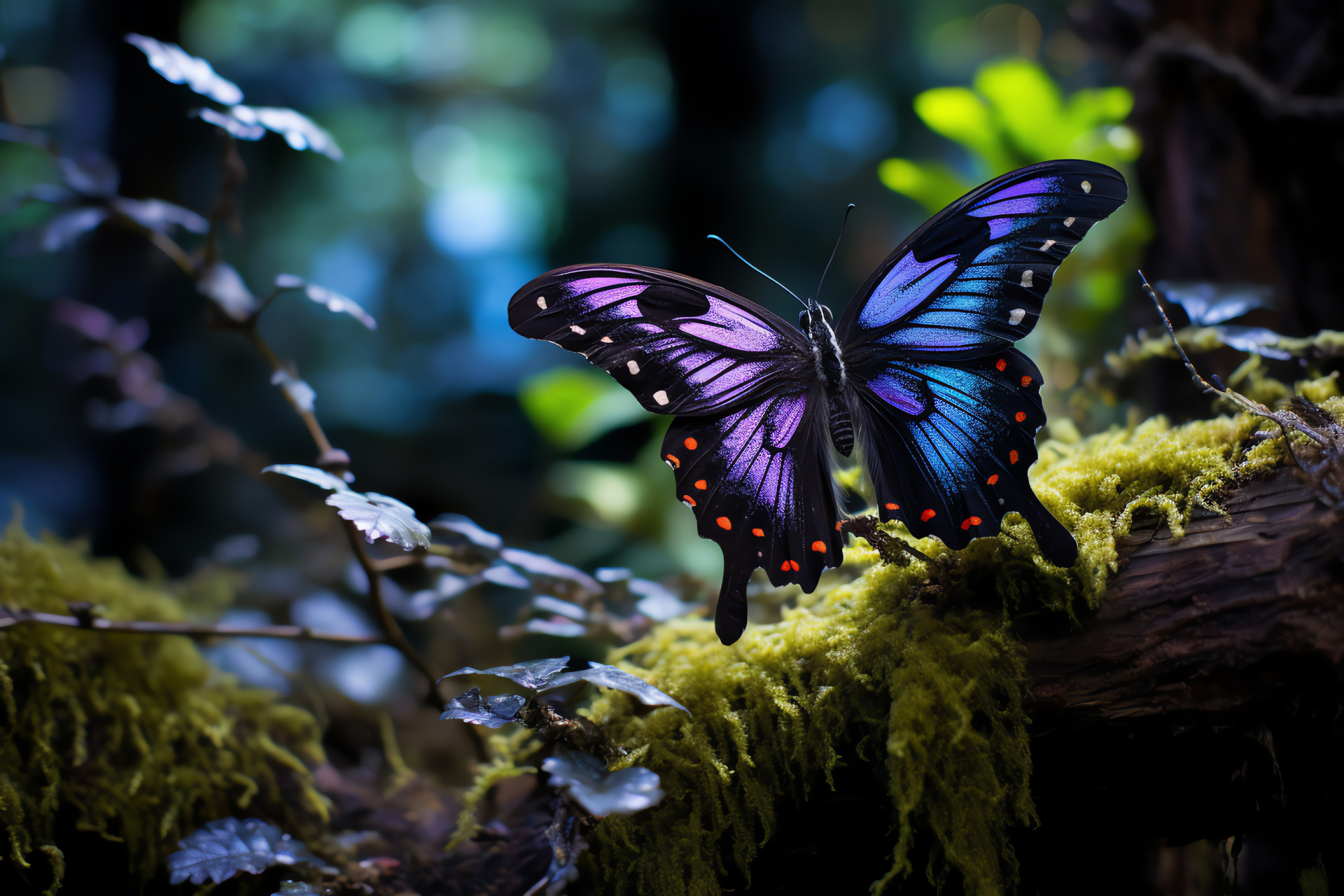 Purple Swallowtail, Majestic insect, Stained glass motif, Enchanted forest, Delicate perch, HD Desktop Wallpaper