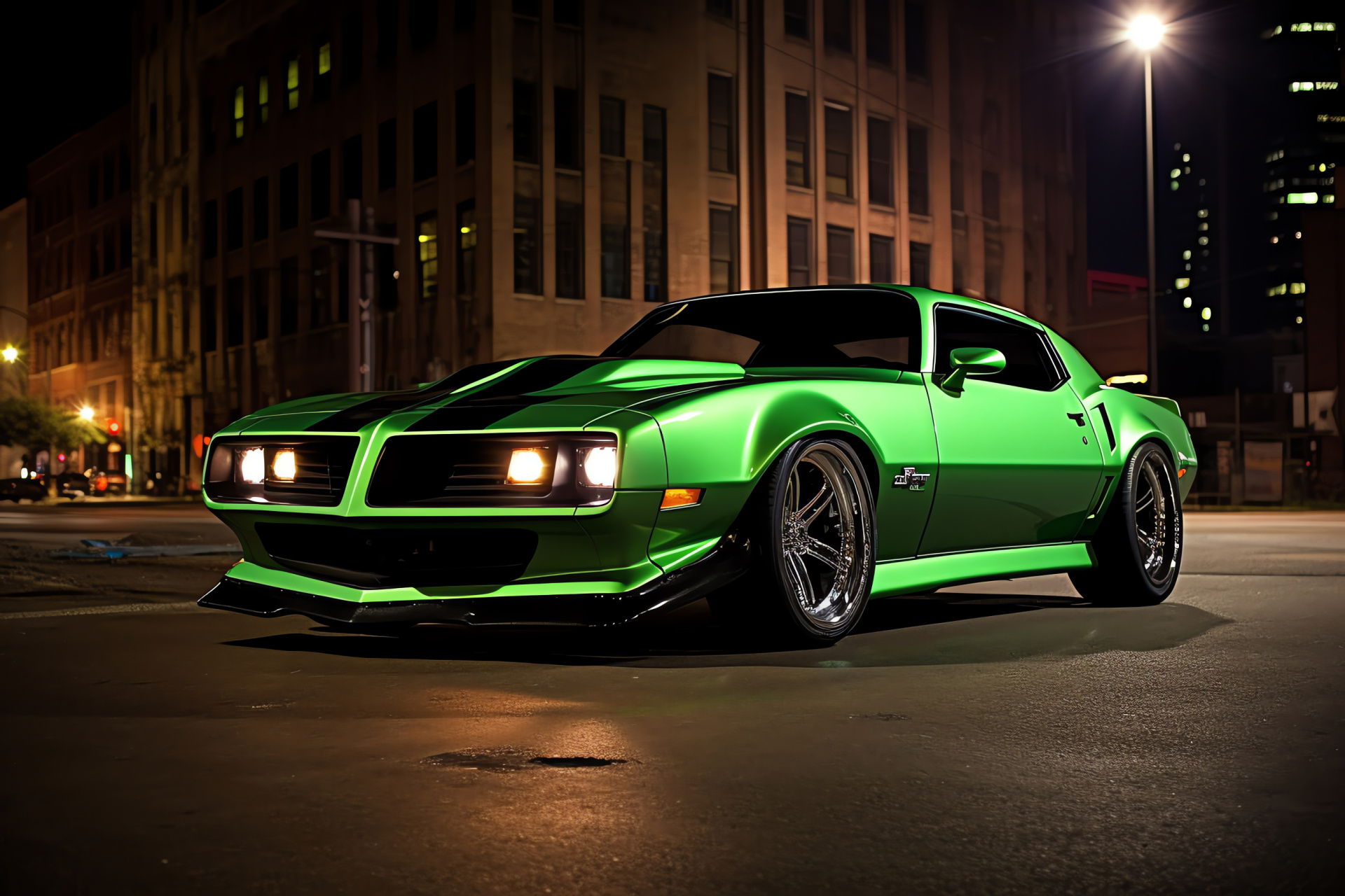 Pontiac Firebird, sports car, American muscle, vibrant green finish, dynamic angle, HD Desktop Image