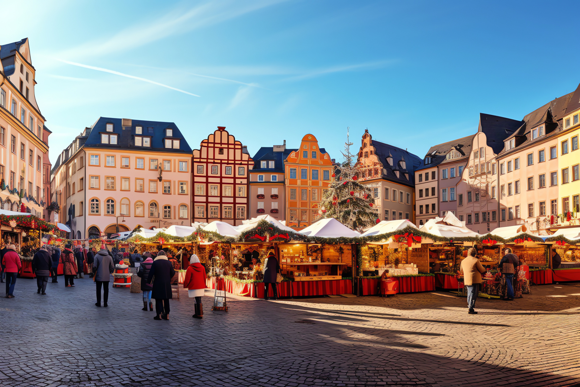 Festive Christmas market, Holiday shopping stalls, Seasonal treats, Wintertime trinkets, Community town square, HD Desktop Wallpaper