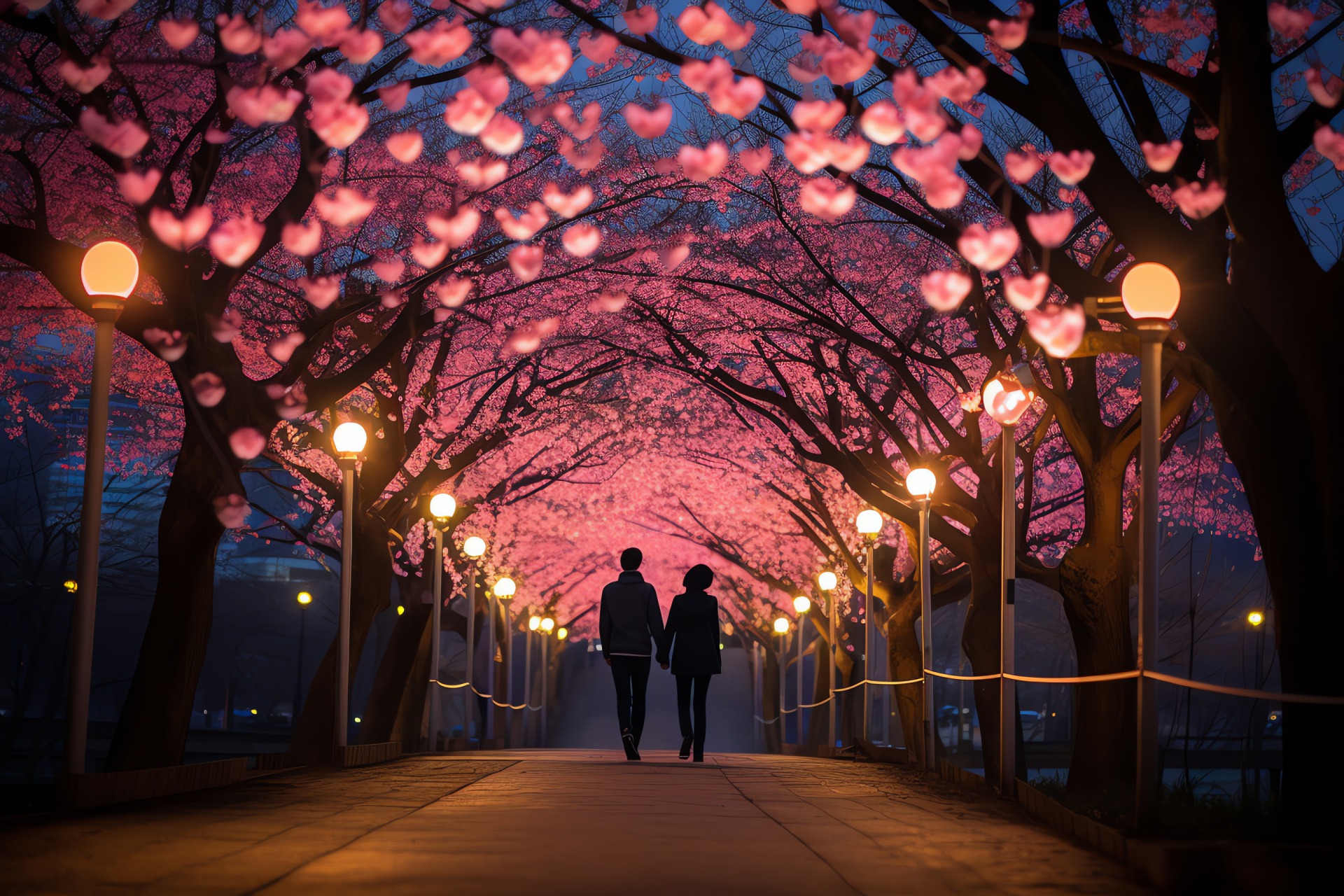 February romance, Idyllic garden, Festooned adornments, Illumination spectacle, Florally edged walkway, HD Desktop Image