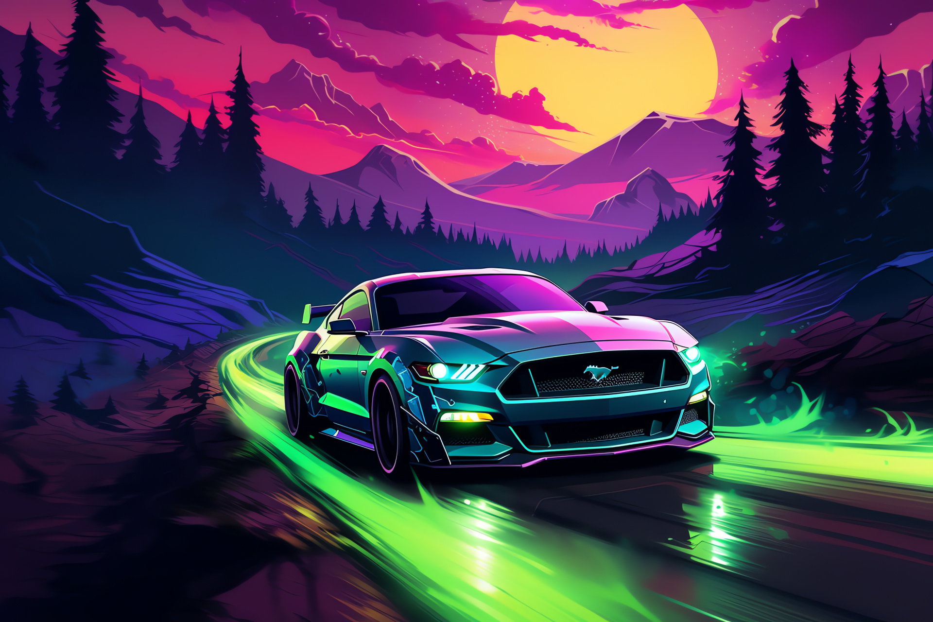 Mustang GT350, Overhead vehicle perspective, Extraterrestrial terrain visuals, Neon color infusion, Futuristic automotive style, HD Desktop Image