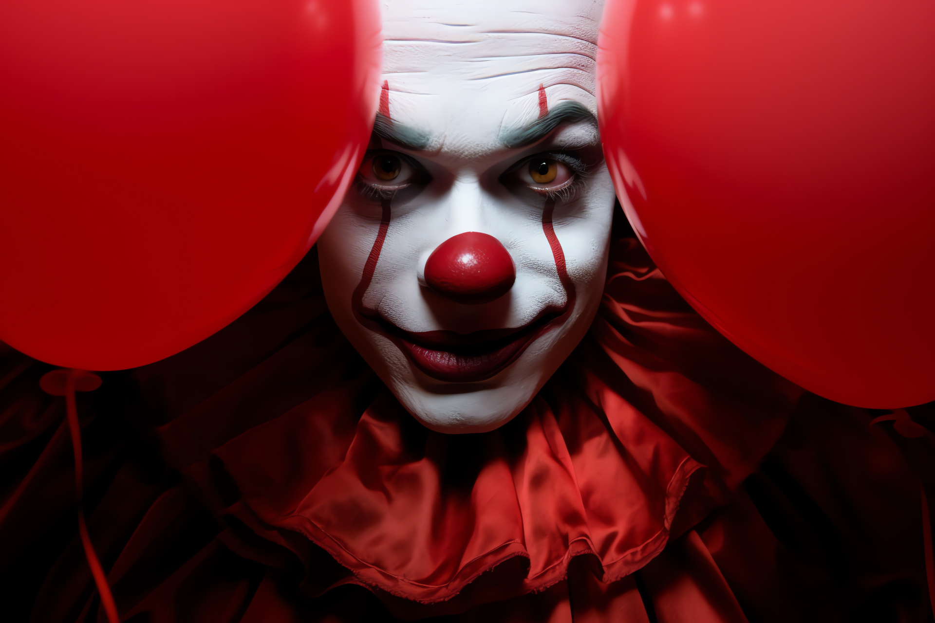 Pennywise with orb, Menacing clown, Monochrome setting, Golden gaze, Alarming smirk, HD Desktop Image