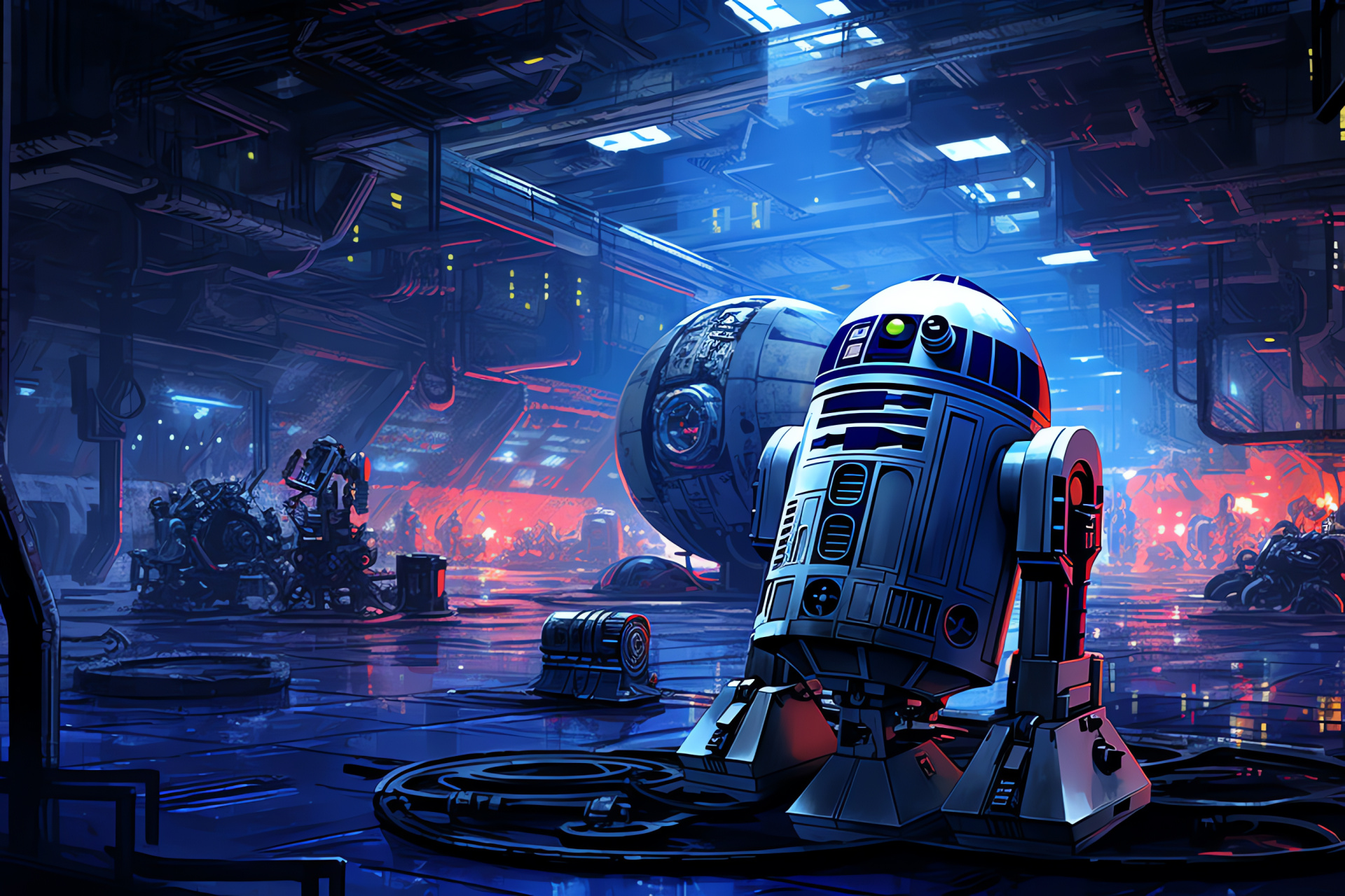 R2-D2, Starfighter mechanic, Hangar setting, Space conflict, Utility droid, HD Desktop Image